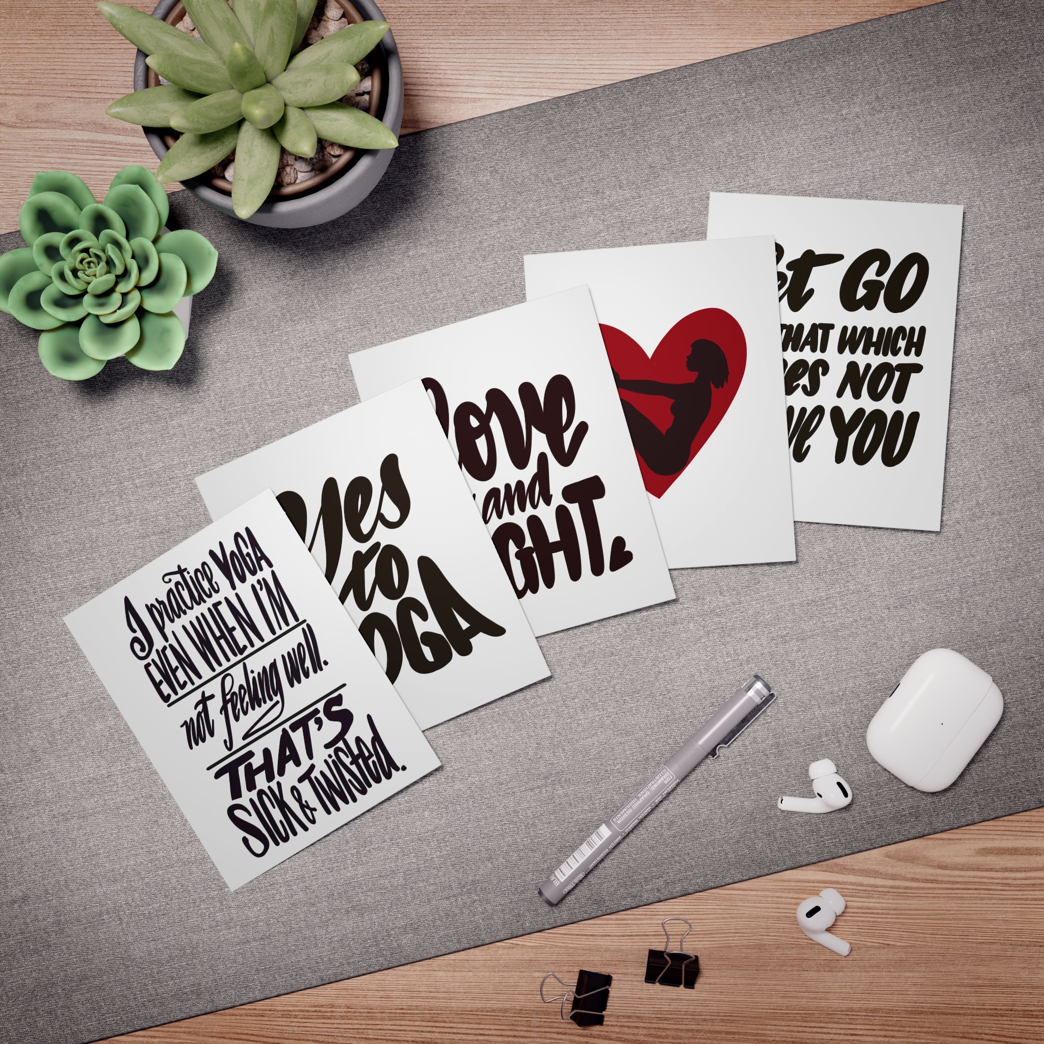 YOGA Greeting Card Set with Hand Drawn Designs (5-Pack)