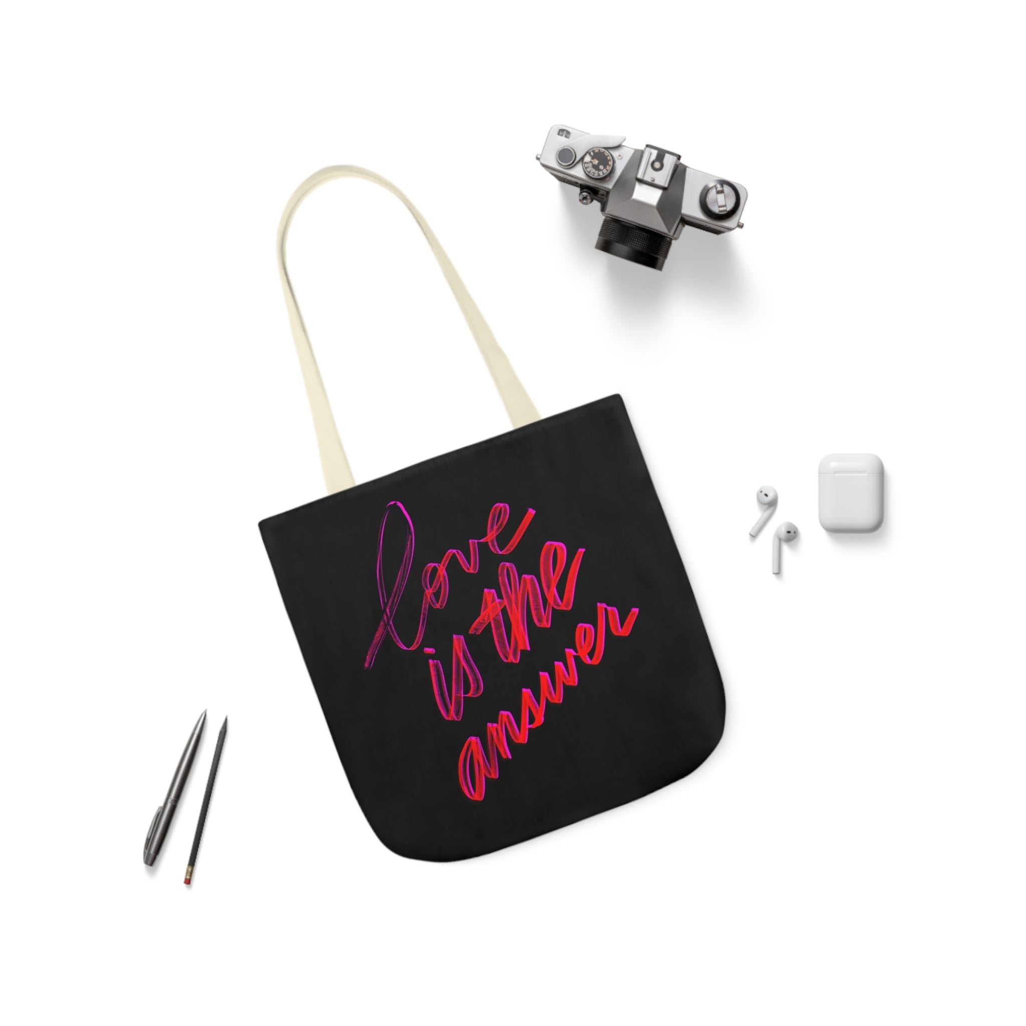 LOVE IS THE ANSWER Canvas Tote Bag, 5-Color Straps