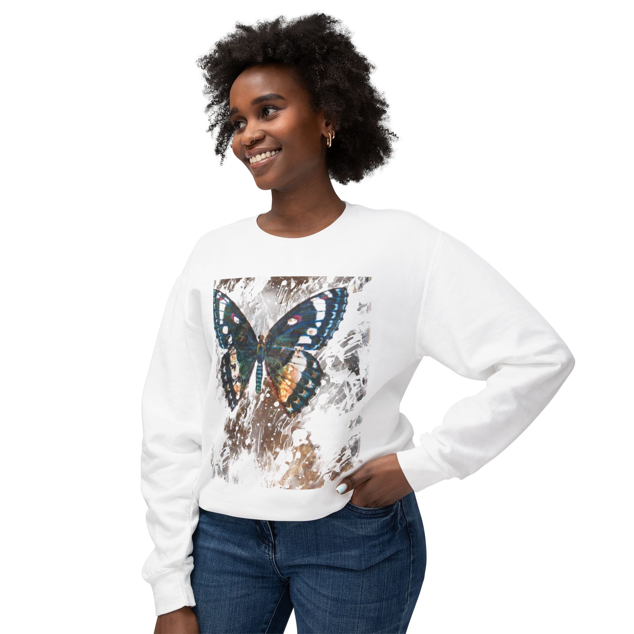 Butterfly Print Unisex Lightweight Crewneck Sweatshirt - Nature-Inspired Style for Everyday Wear