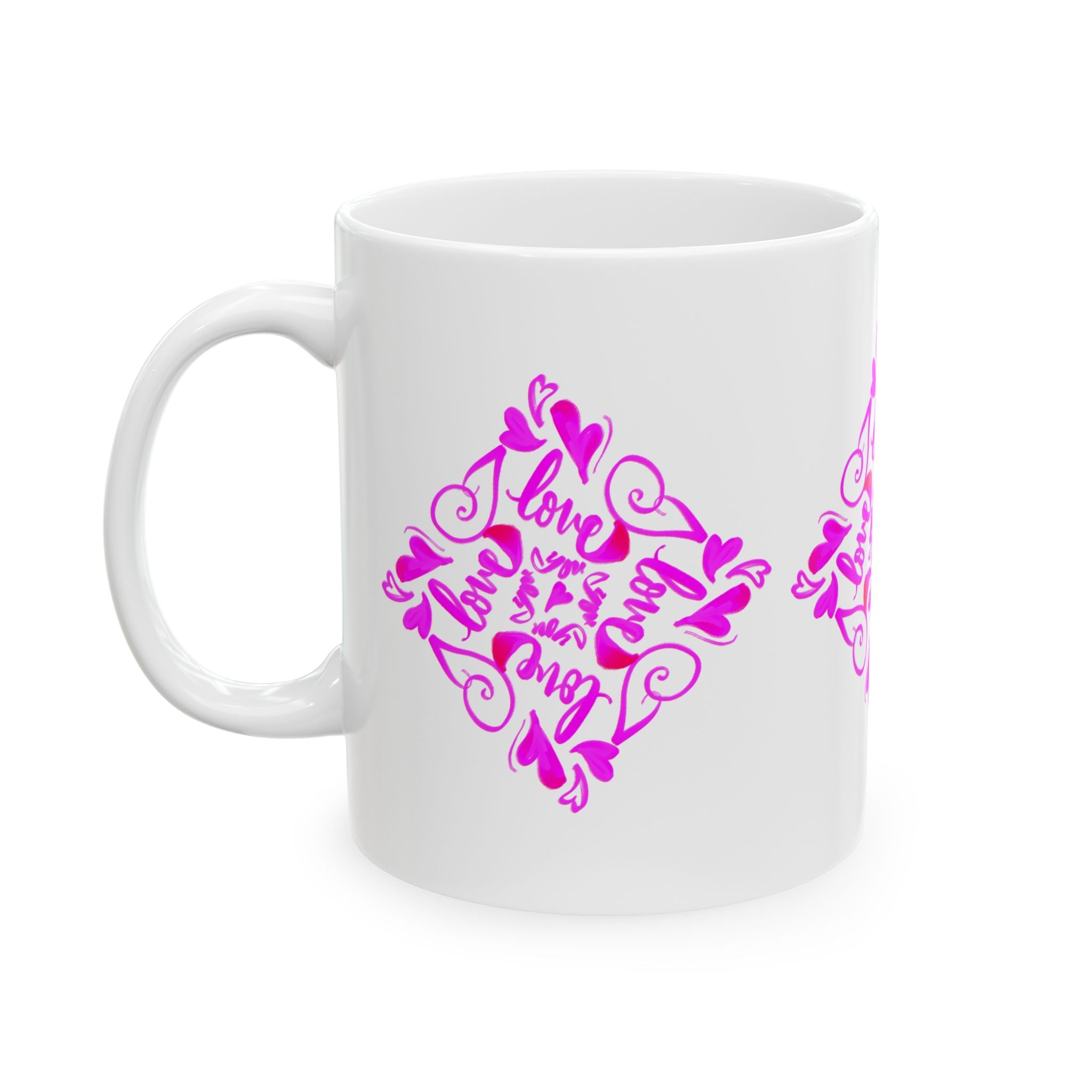 I love you hand-drawn Hearts Ceramic Mug — Pink Floral Heart calligraphy (11 loz)