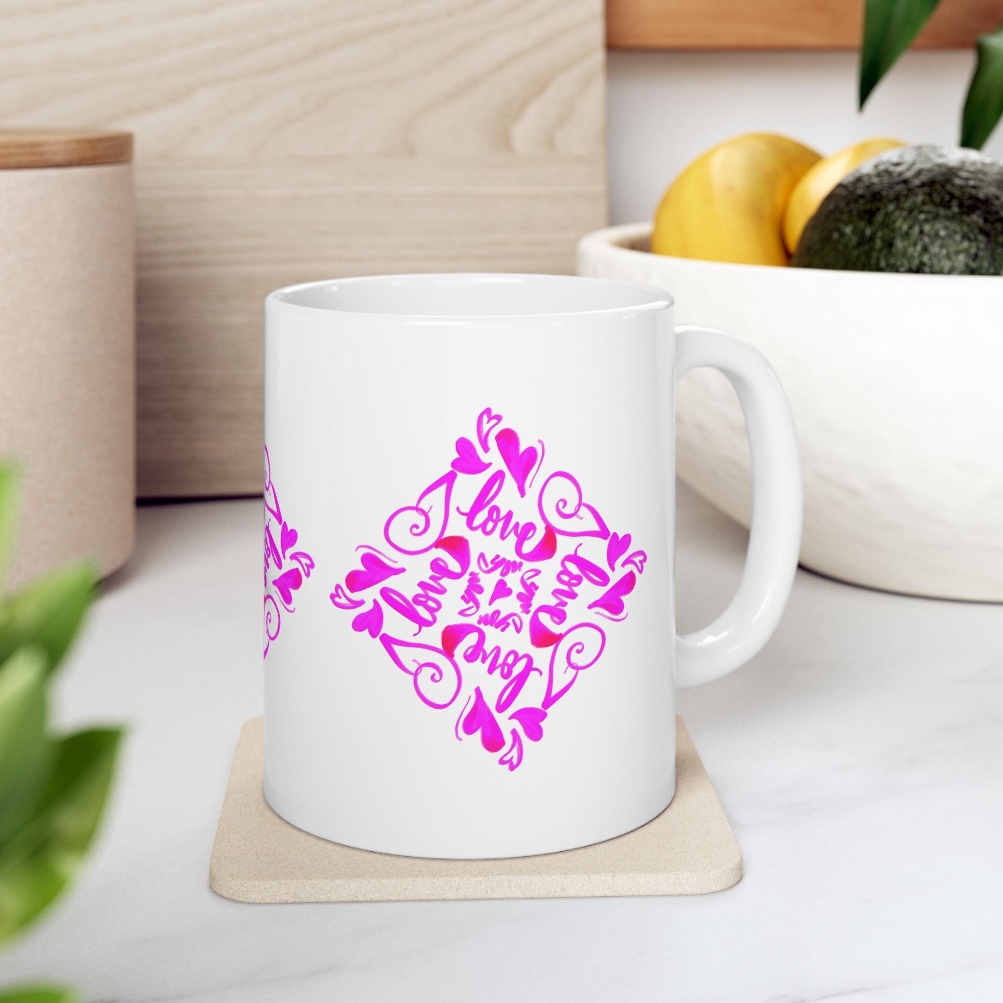 I love you hand-drawn Hearts Ceramic Mug — Pink Floral Heart calligraphy (11 loz)