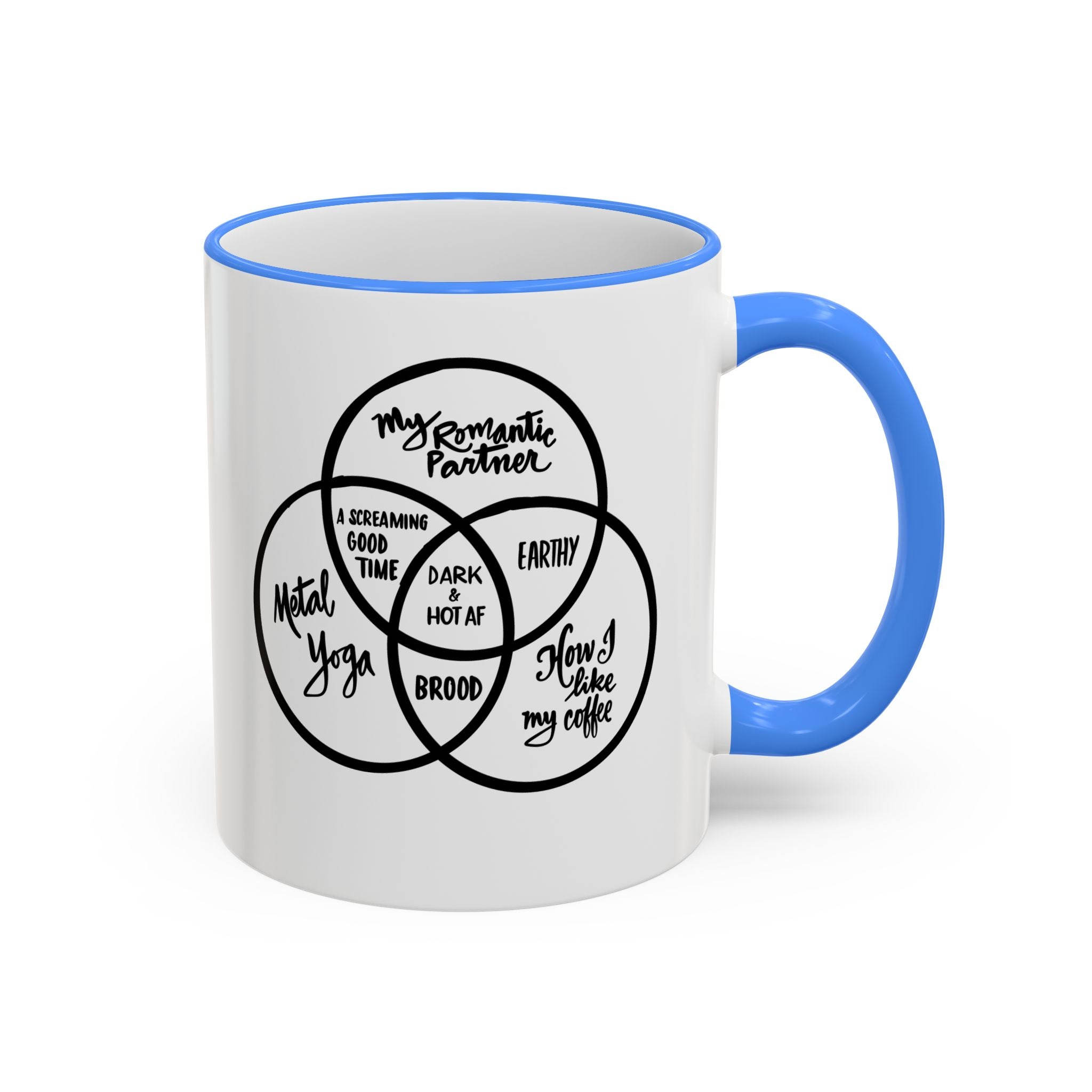 Metal Yoga Venn Diagram Mug — Funny Coffee Lover Accent Rim & Handle Mug (11oz/15oz)