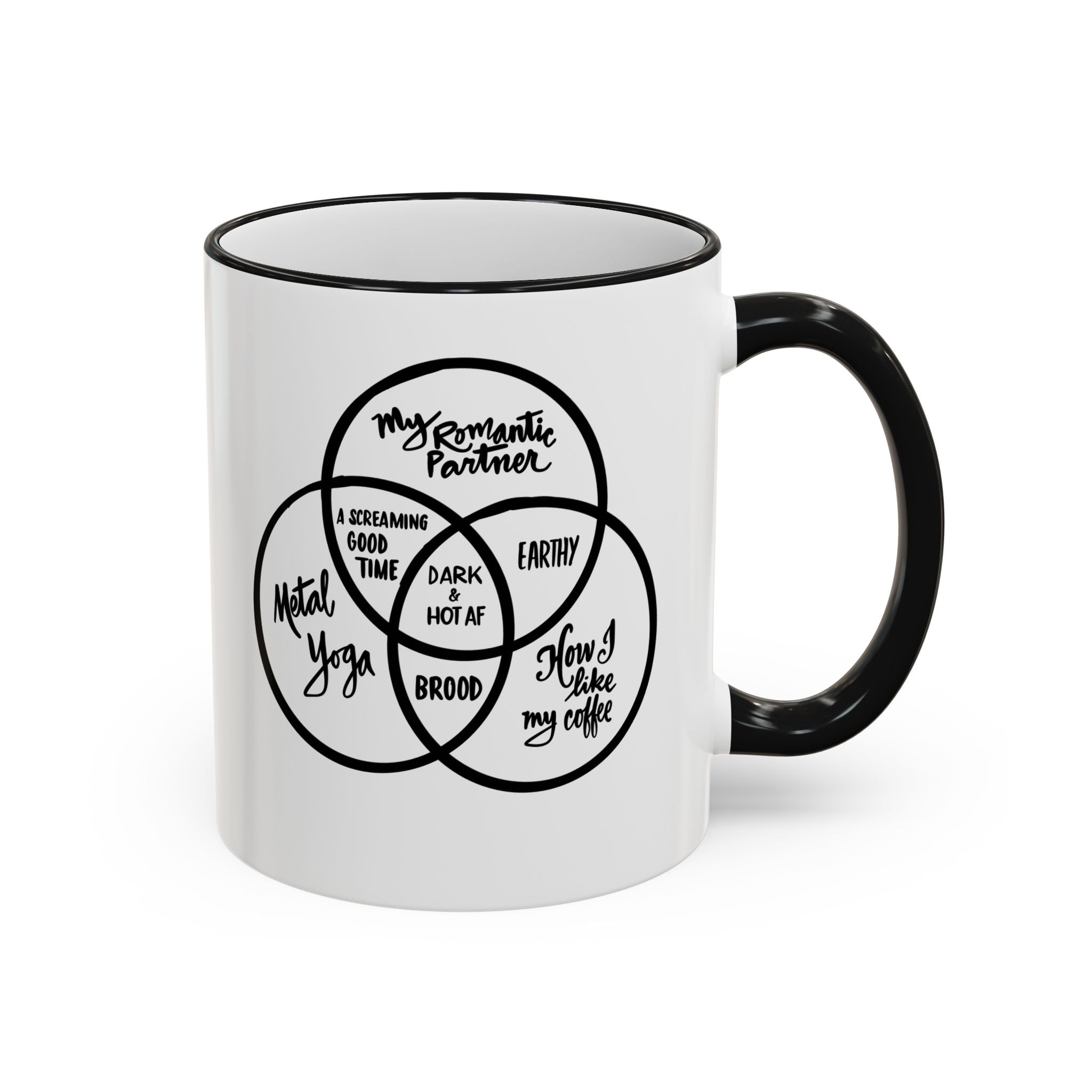 Metal Yoga Venn Diagram Mug — Funny Coffee Lover Accent Rim & Handle Mug (11oz/15oz)