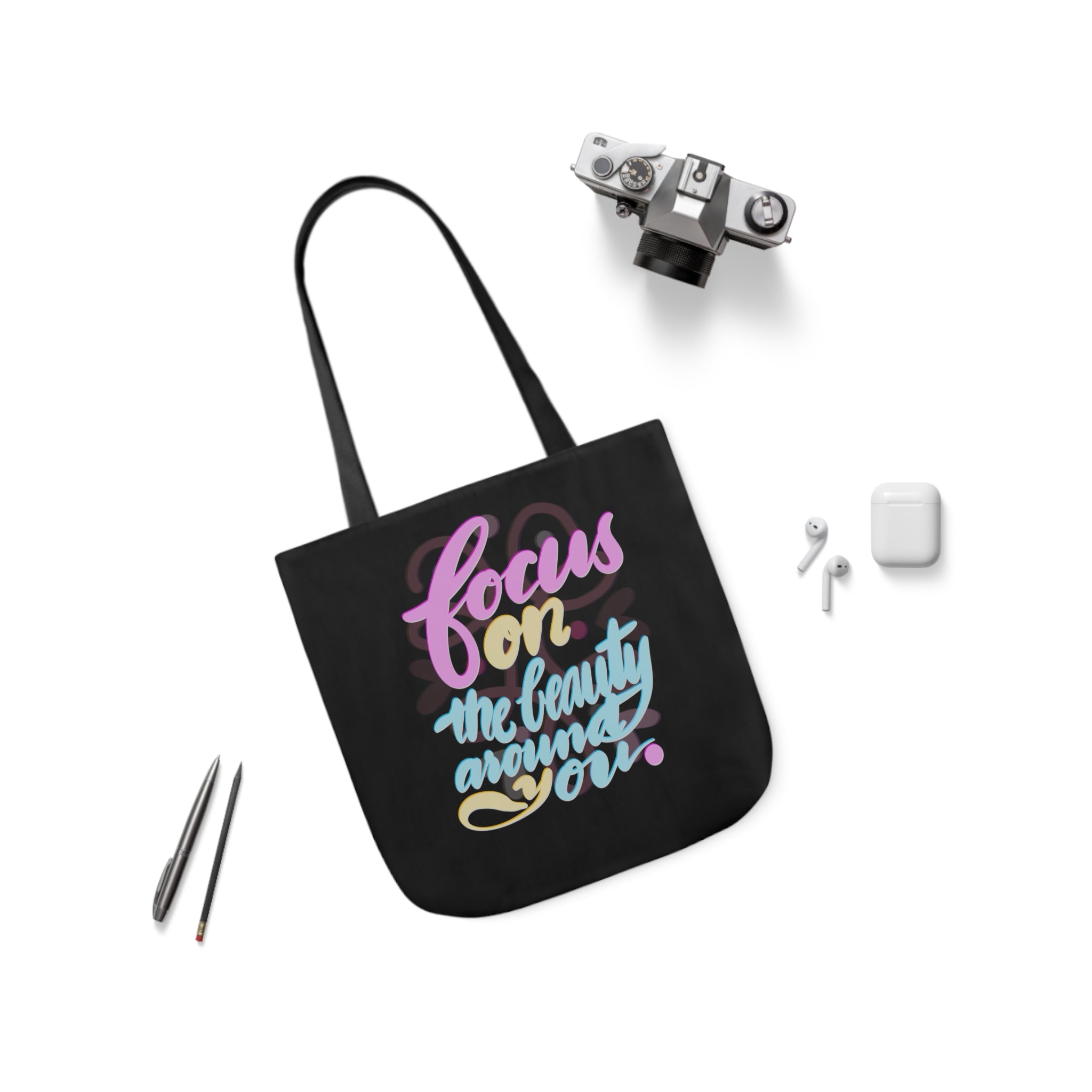 FOCUS ON THE BEAUTY Canvas Tote Bag, 5-Color Straps