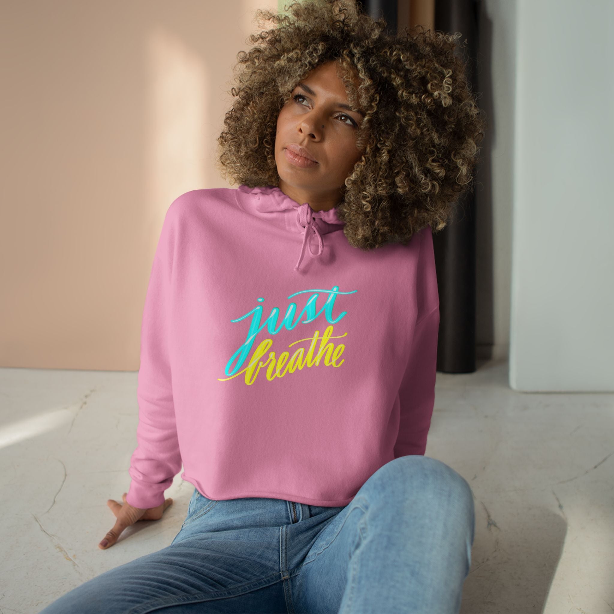 Just Breathe Crop Hoodie - Inspirational Relaxed Fit for Stress Relief and Comfort