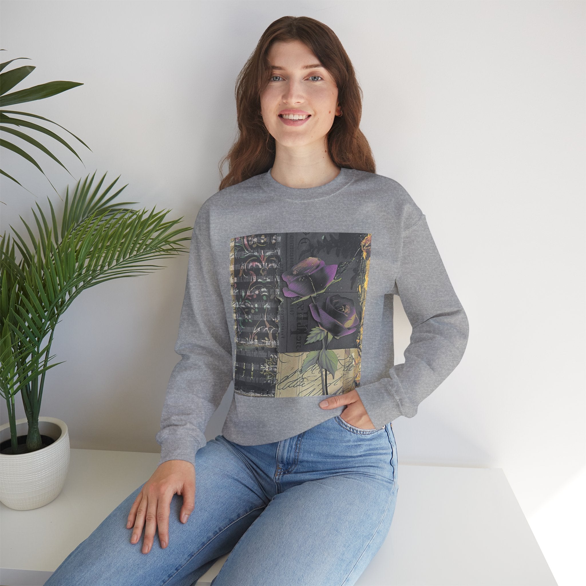 Crewneck Sweatshirt — Vintage Botanical Collage with Purple Roses
