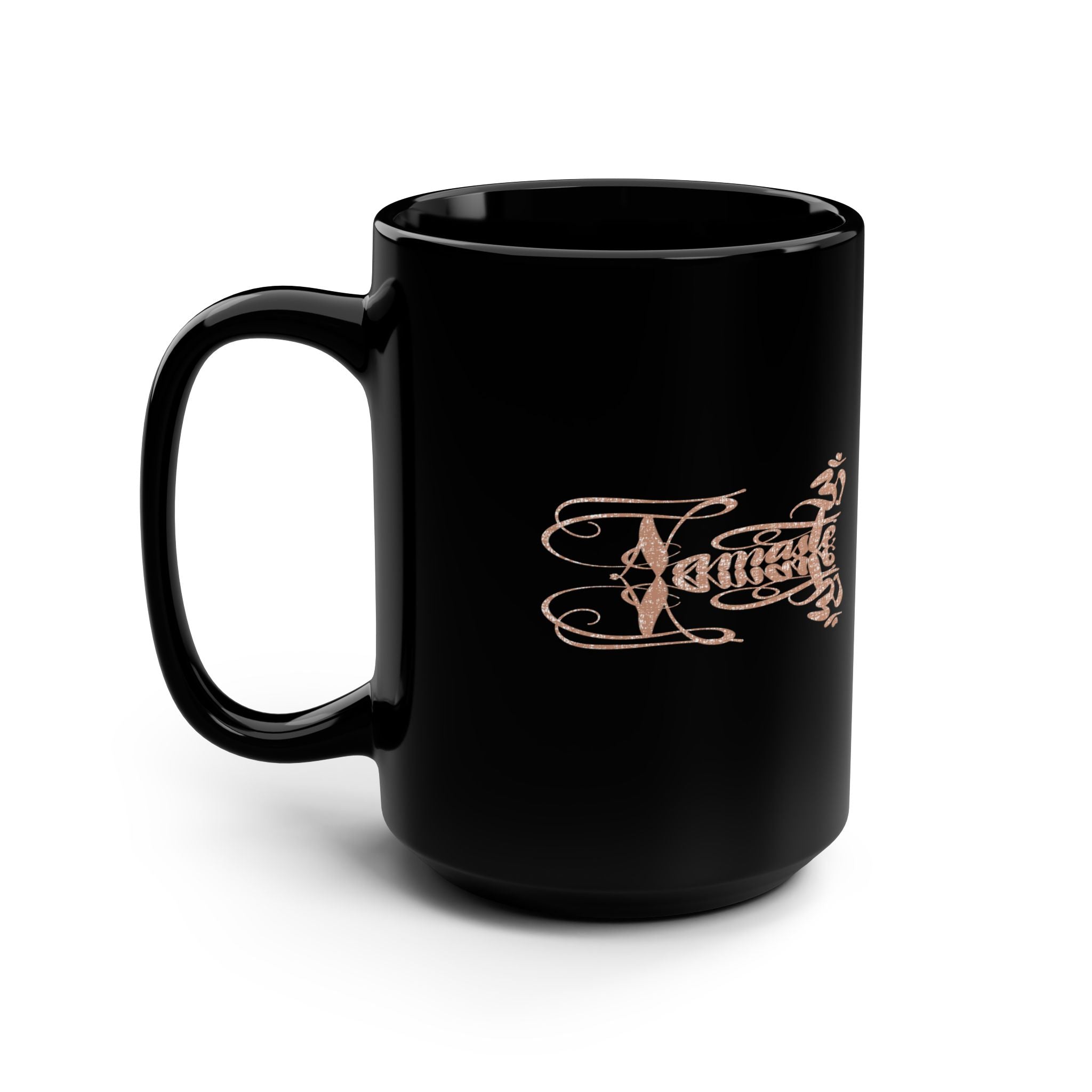15oz Black Mug —Namaste Yoga-Inspired Ceramic Coffee Mug