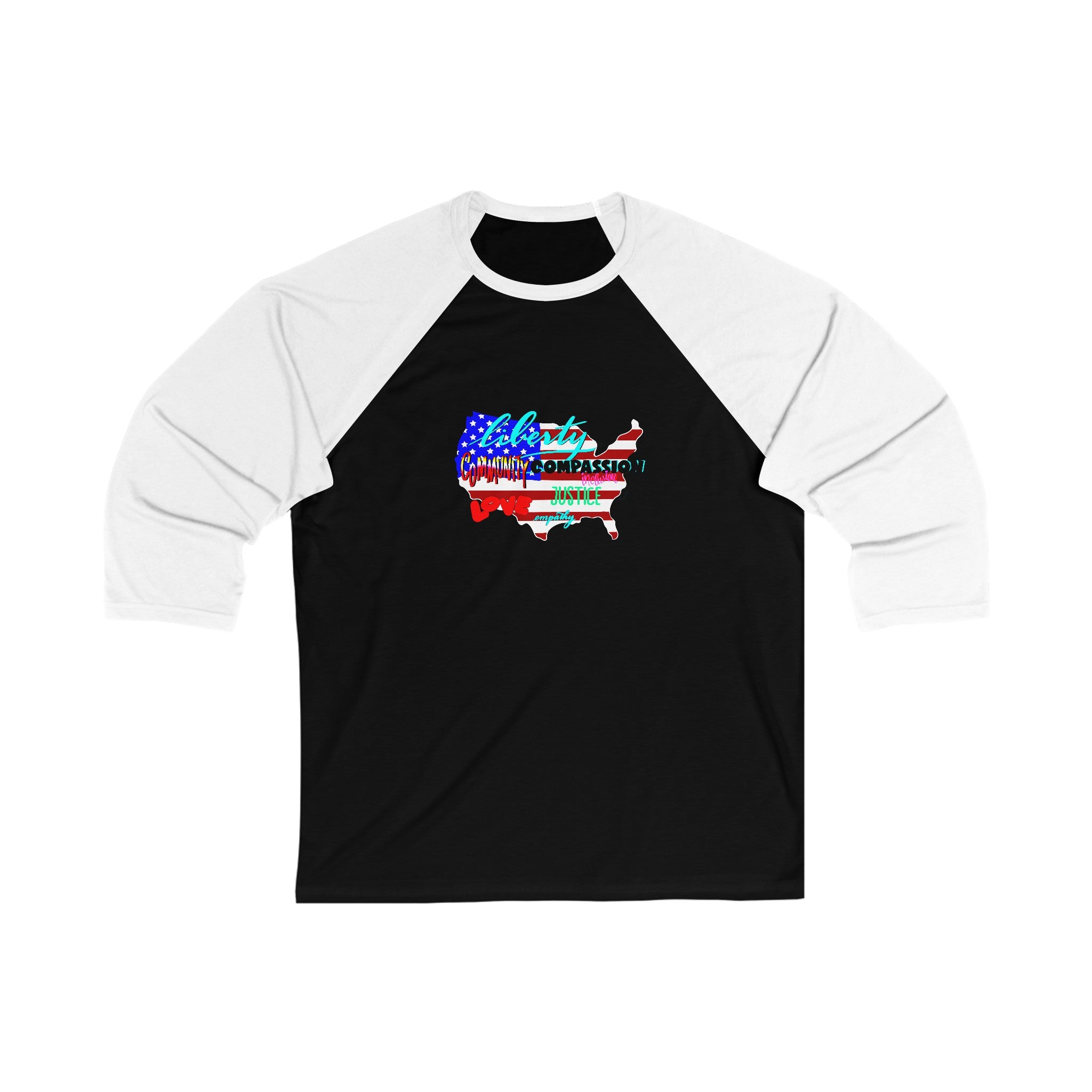 LIBERTY UNITY COMPASSION JUSTICE LOVE 3\4 Sleeve Baseball Tee