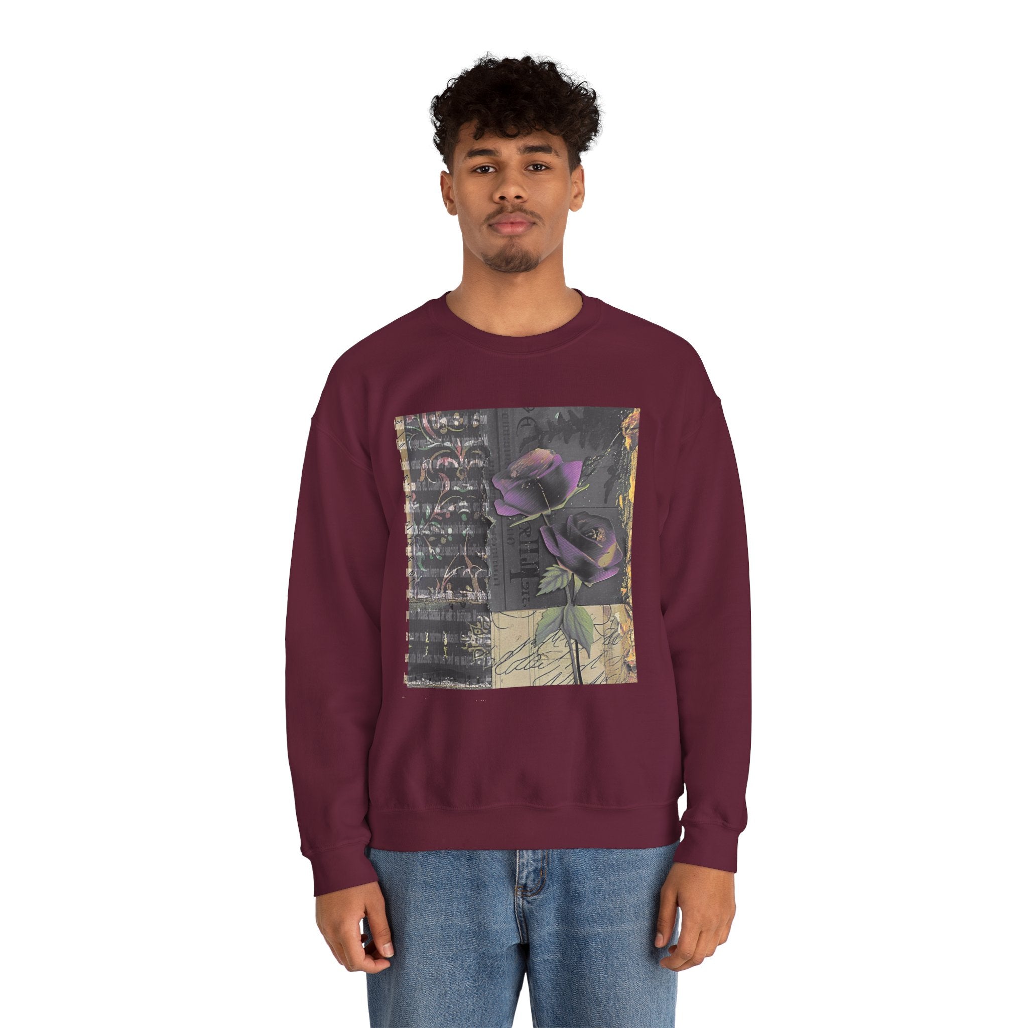 Crewneck Sweatshirt — Vintage Botanical Collage with Purple Roses