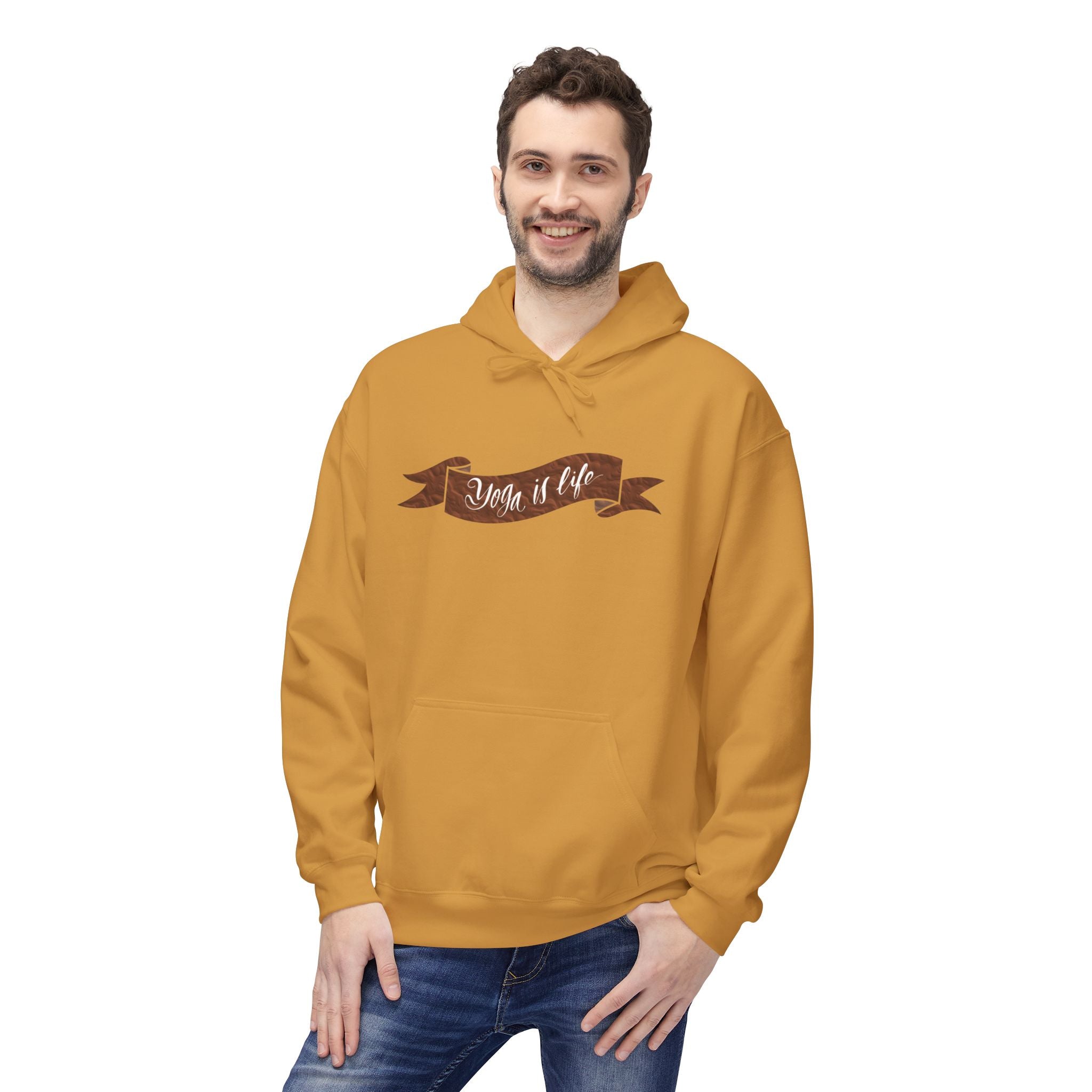 Cozy 'Yoga is Life' Script Hoodie — Rustic Brown Fleece Pullover
