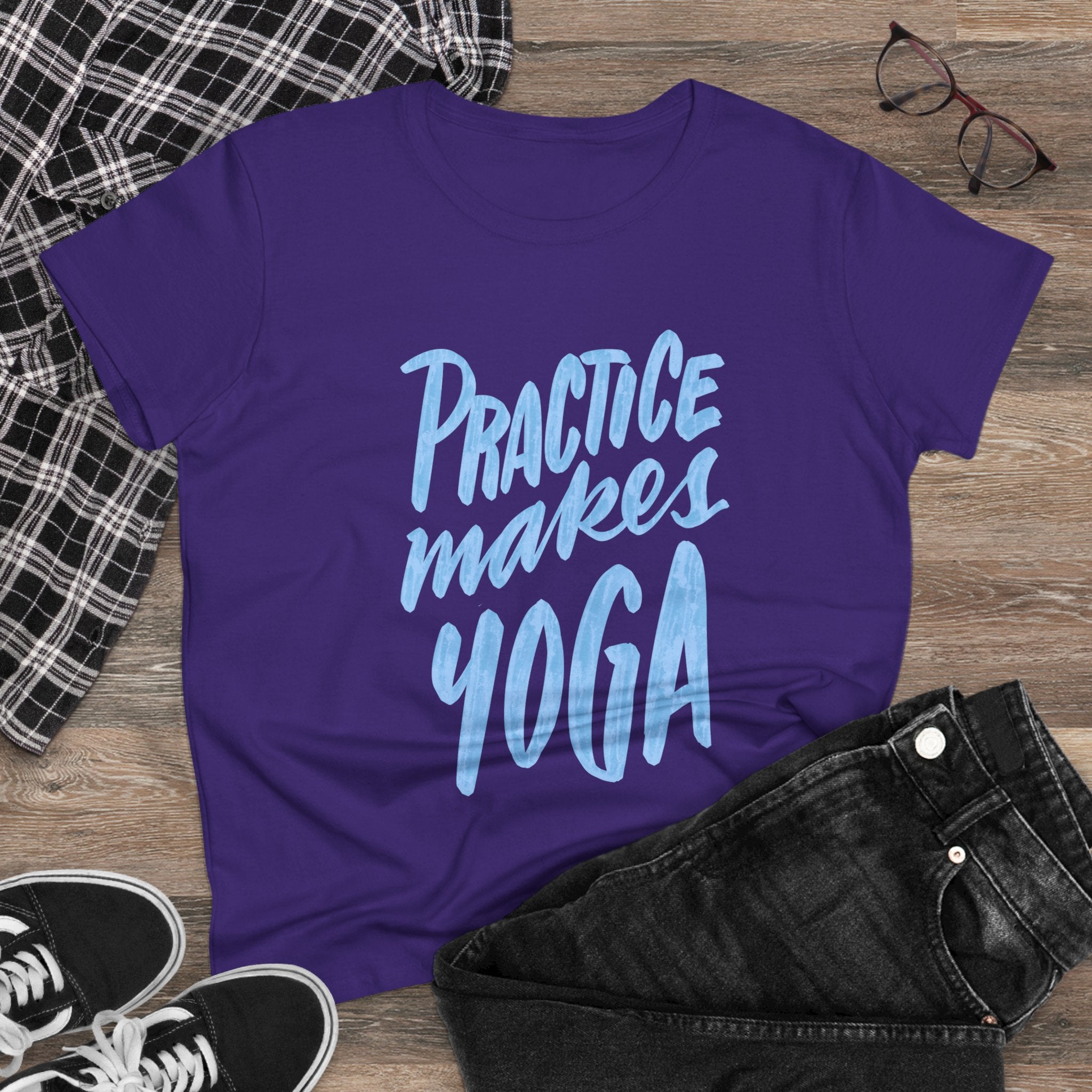 Women's Yoga Cotton Tee - "Practice Makes Yoga" Shirt, Fitness Apparel, Gift for Yogis, Cozy Casual Wear, Motivational T-Shirt