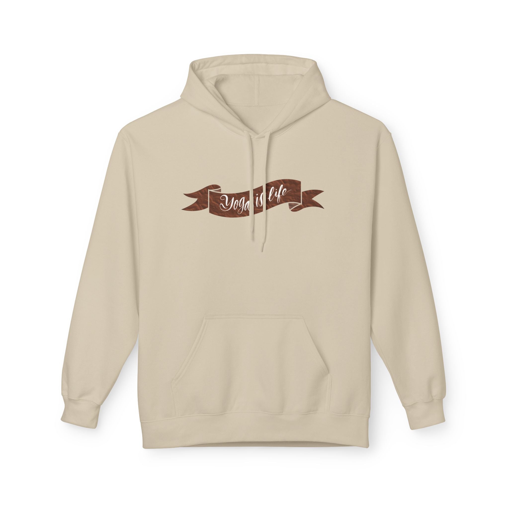 Cozy 'Yoga is Life' Script Hoodie — Rustic Brown Fleece Pullover