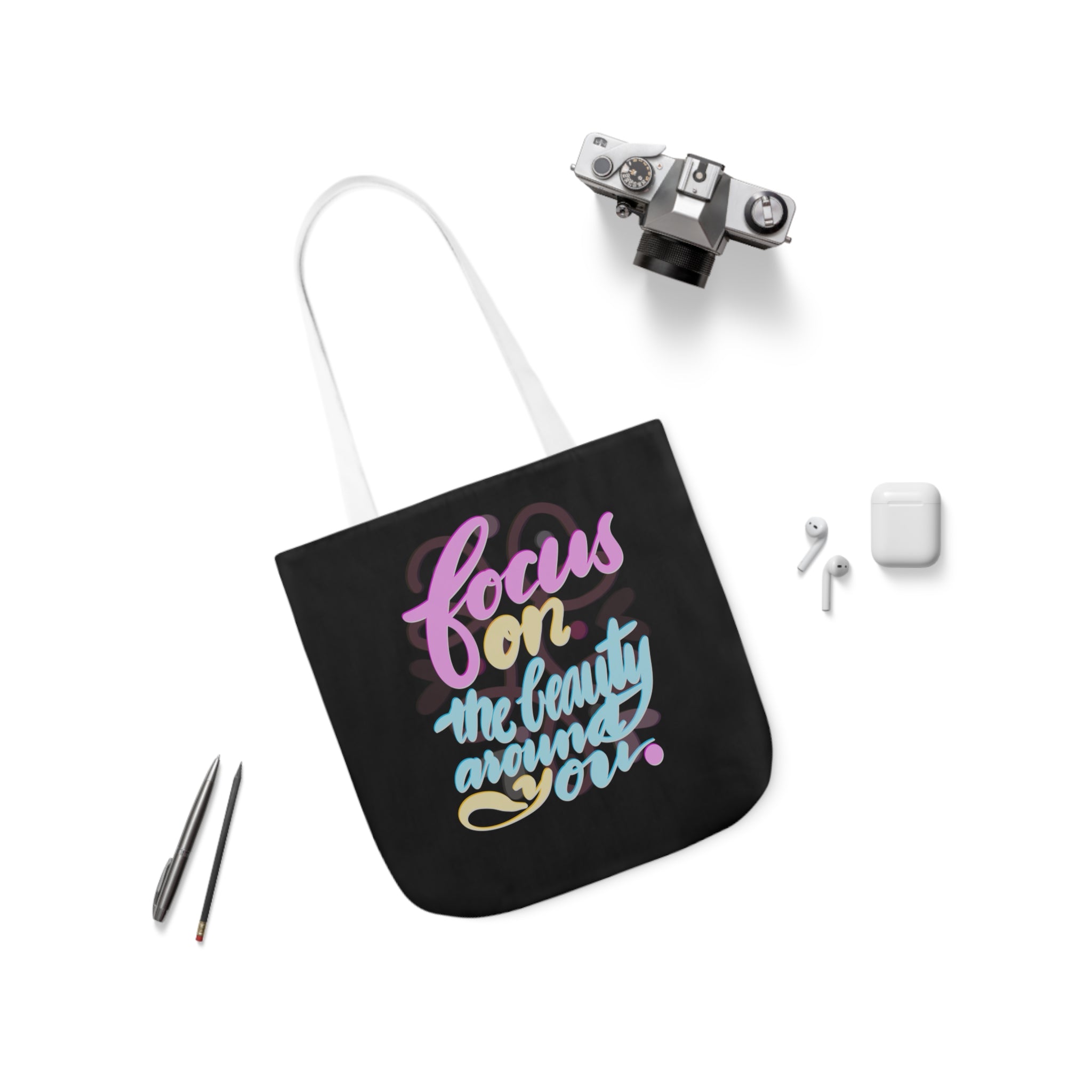 FOCUS ON THE BEAUTY Canvas Tote Bag, 5-Color Straps