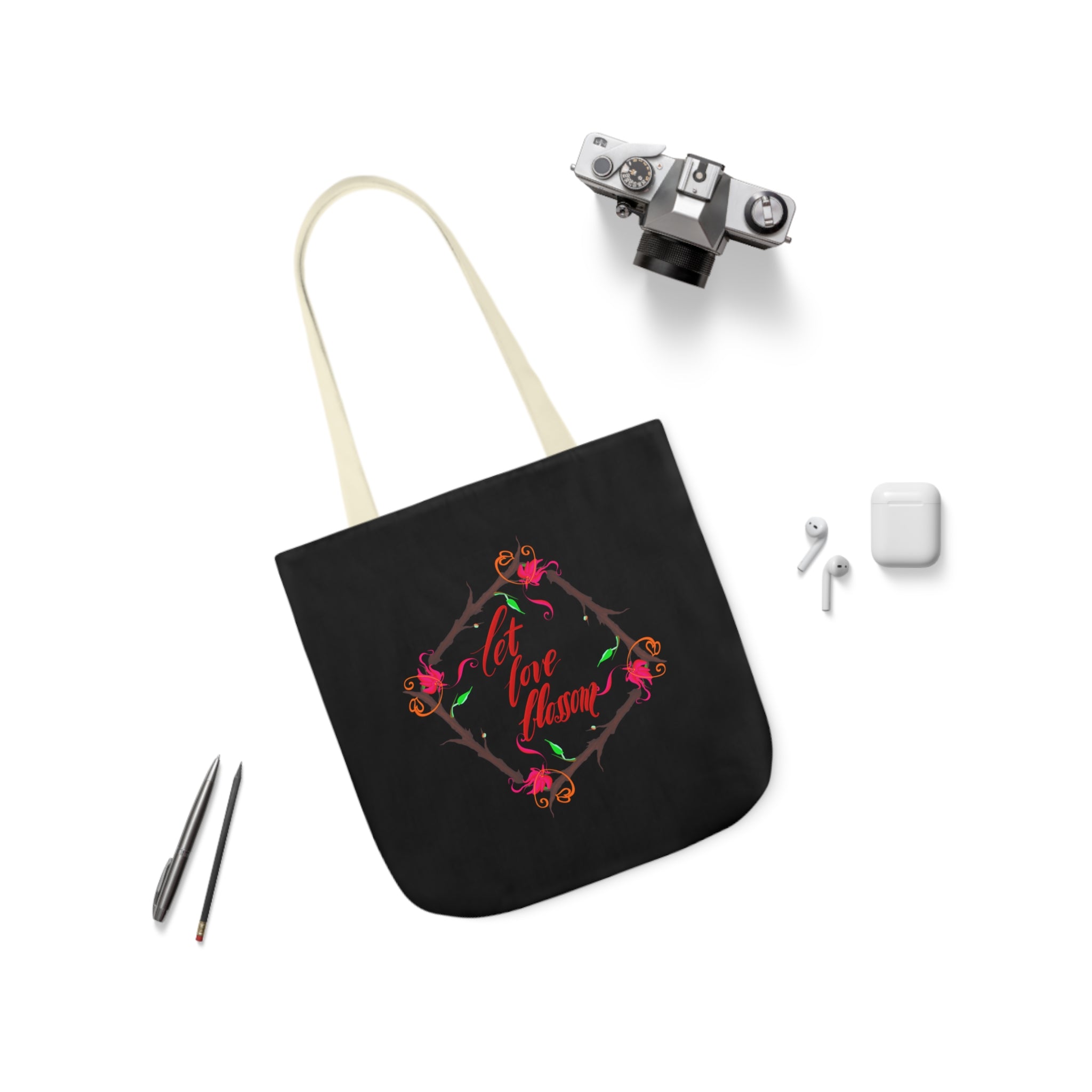 LET LOVE BLOSSOM Canvas Tote Bag, 5-Color Straps