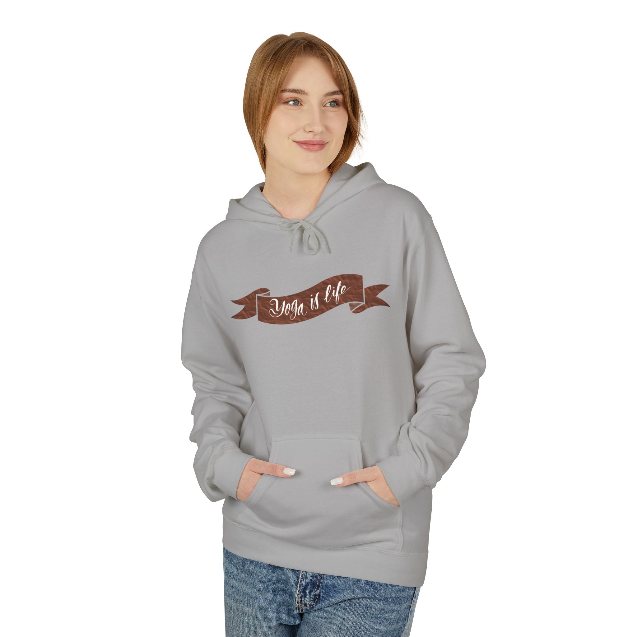 Cozy 'Yoga is Life' Script Hoodie — Rustic Brown Fleece Pullover