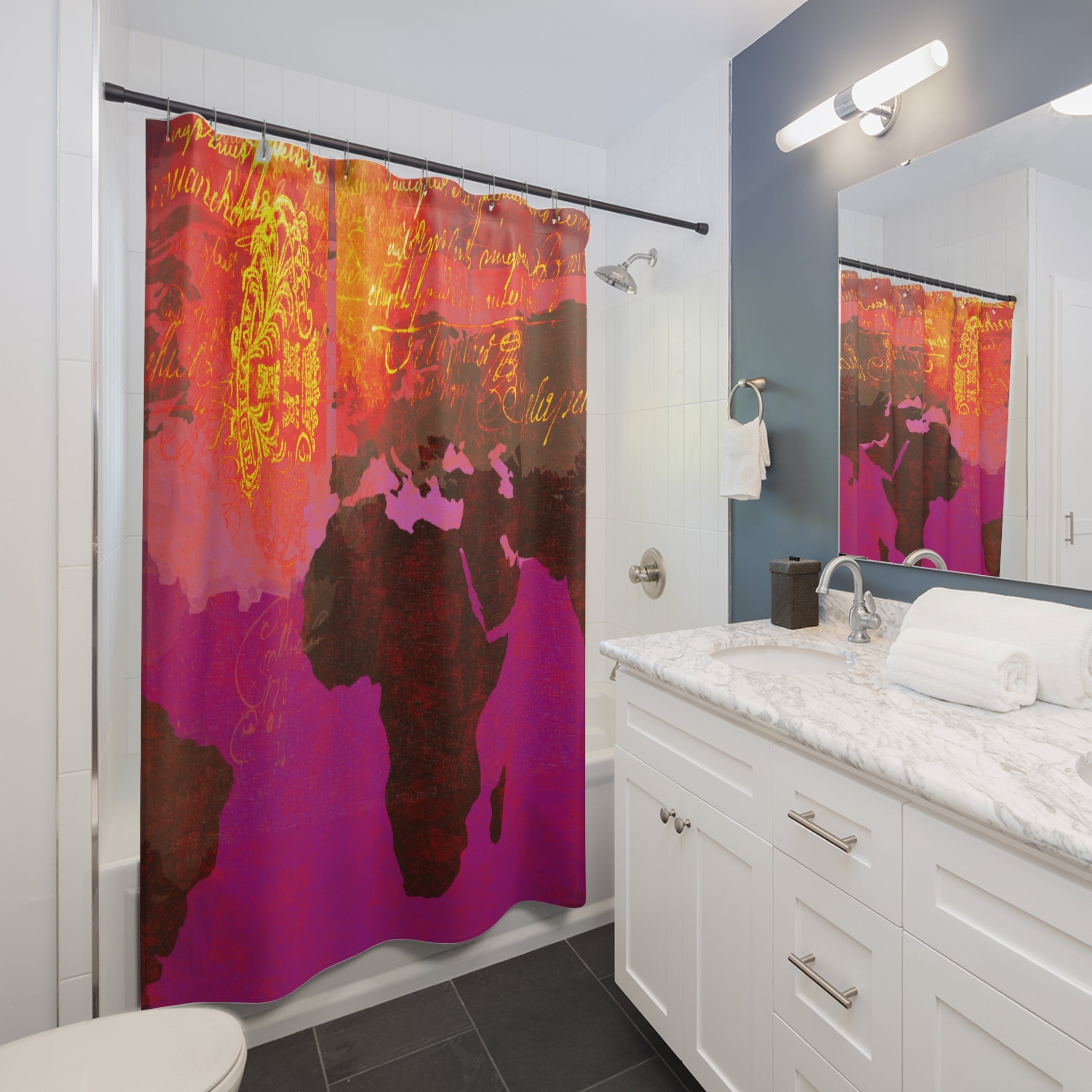 World Map Artistic Shower Curtain - Vibrant Red and Gold Design