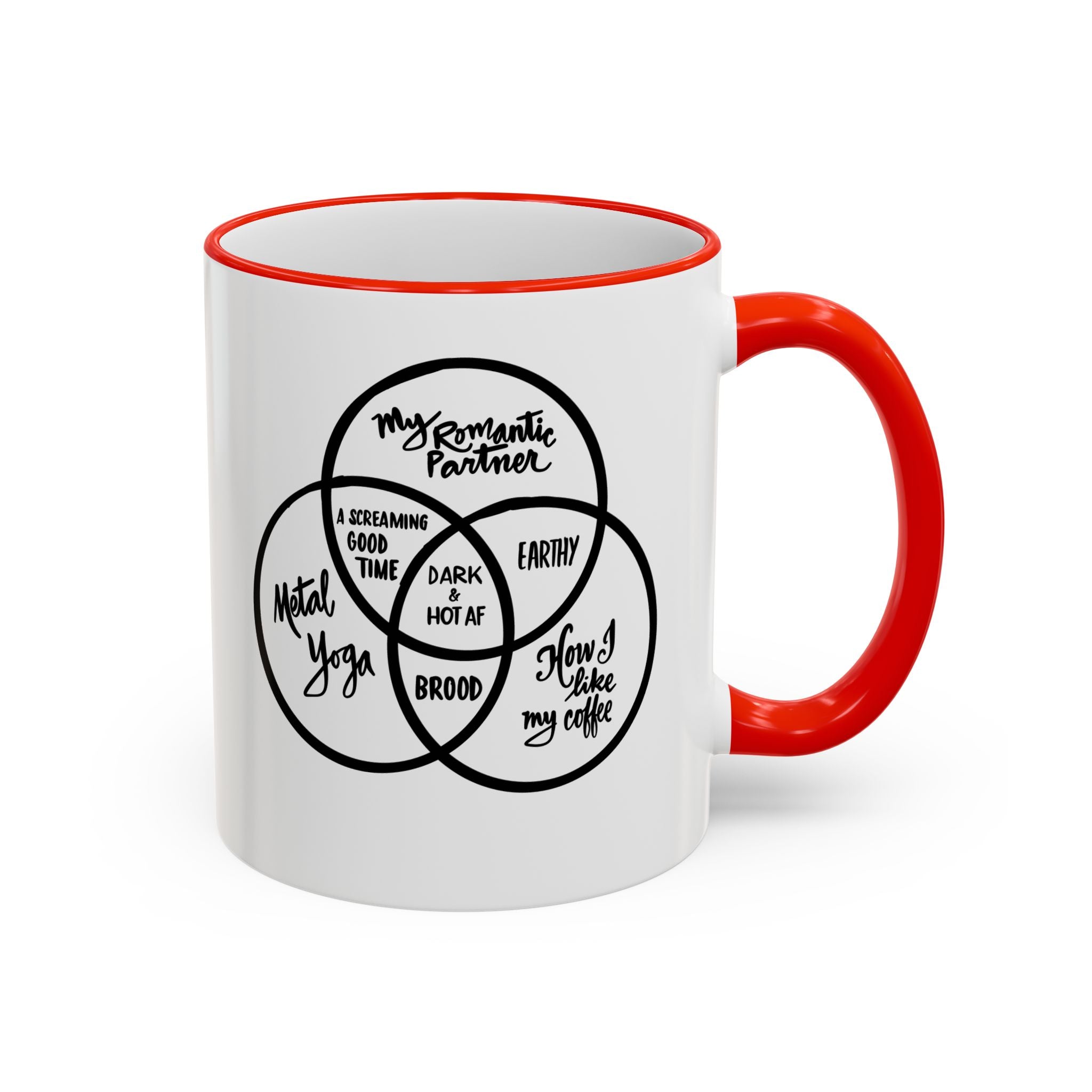 Metal Yoga Venn Diagram Mug — Funny Coffee Lover Accent Rim & Handle Mug (11oz/15oz)