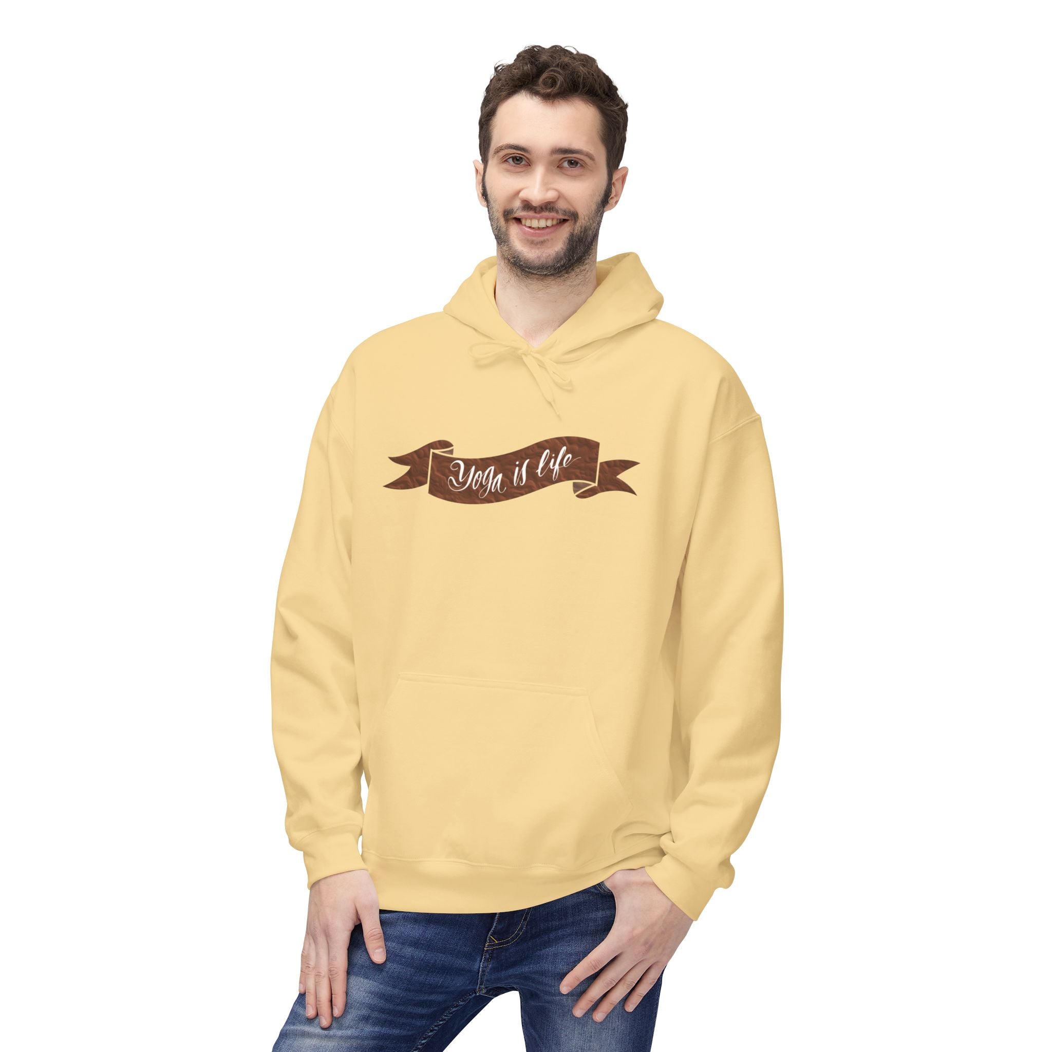 Cozy 'Yoga is Life' Script Hoodie — Rustic Brown Fleece Pullover