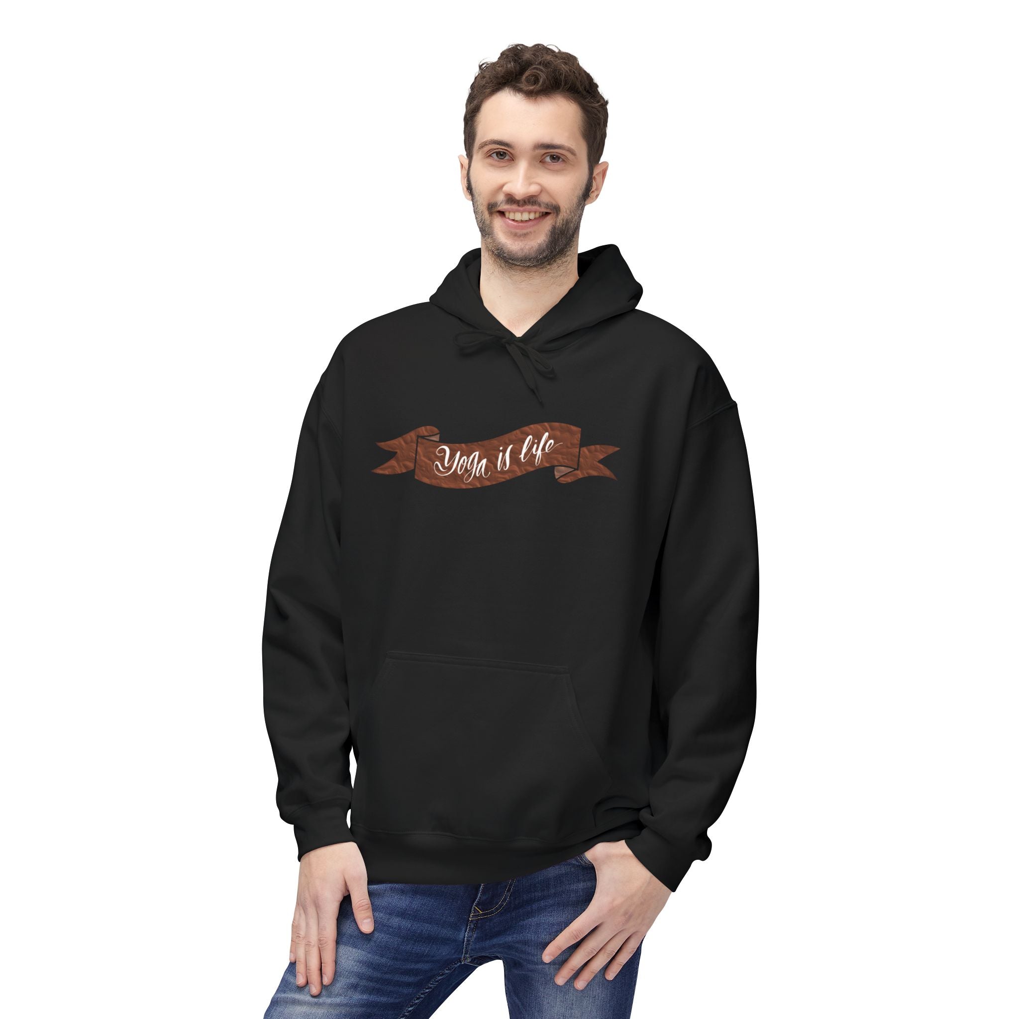 Cozy 'Yoga is Life' Script Hoodie — Rustic Brown Fleece Pullover