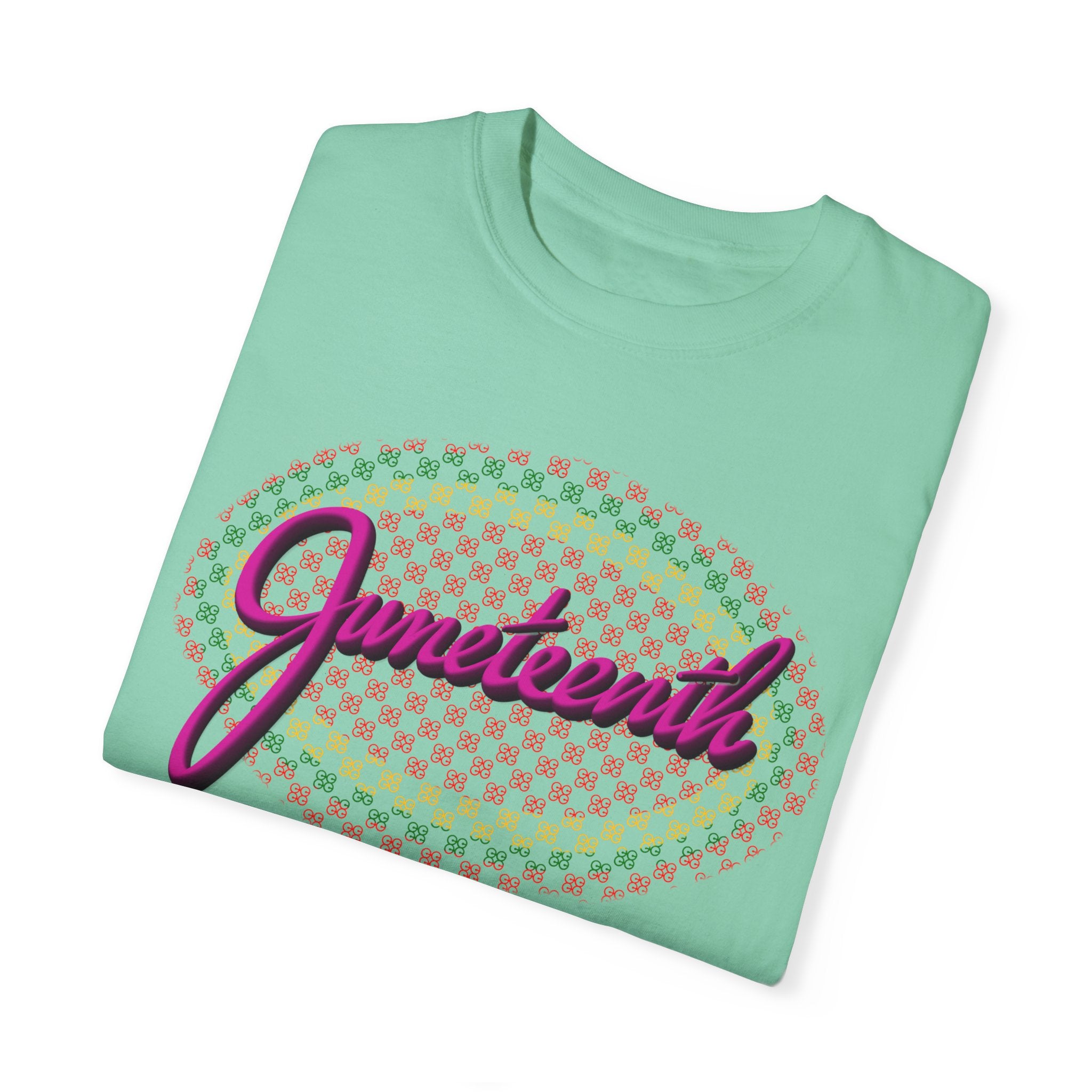 JUNETEENTH WITH PINK SCRIPT Unisex Garment-Dyed T-shirt