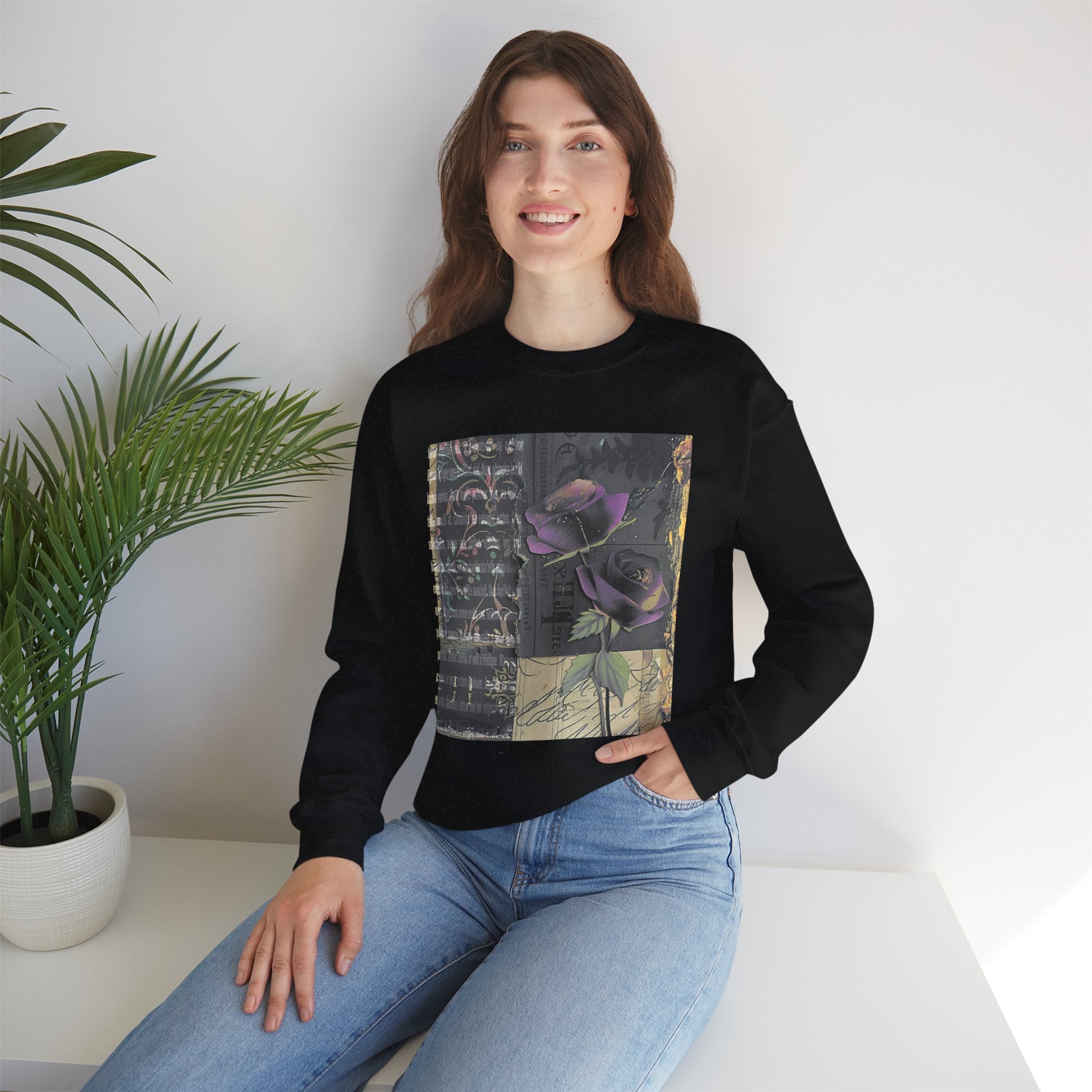 Crewneck Sweatshirt — Vintage Botanical Collage with Purple Roses