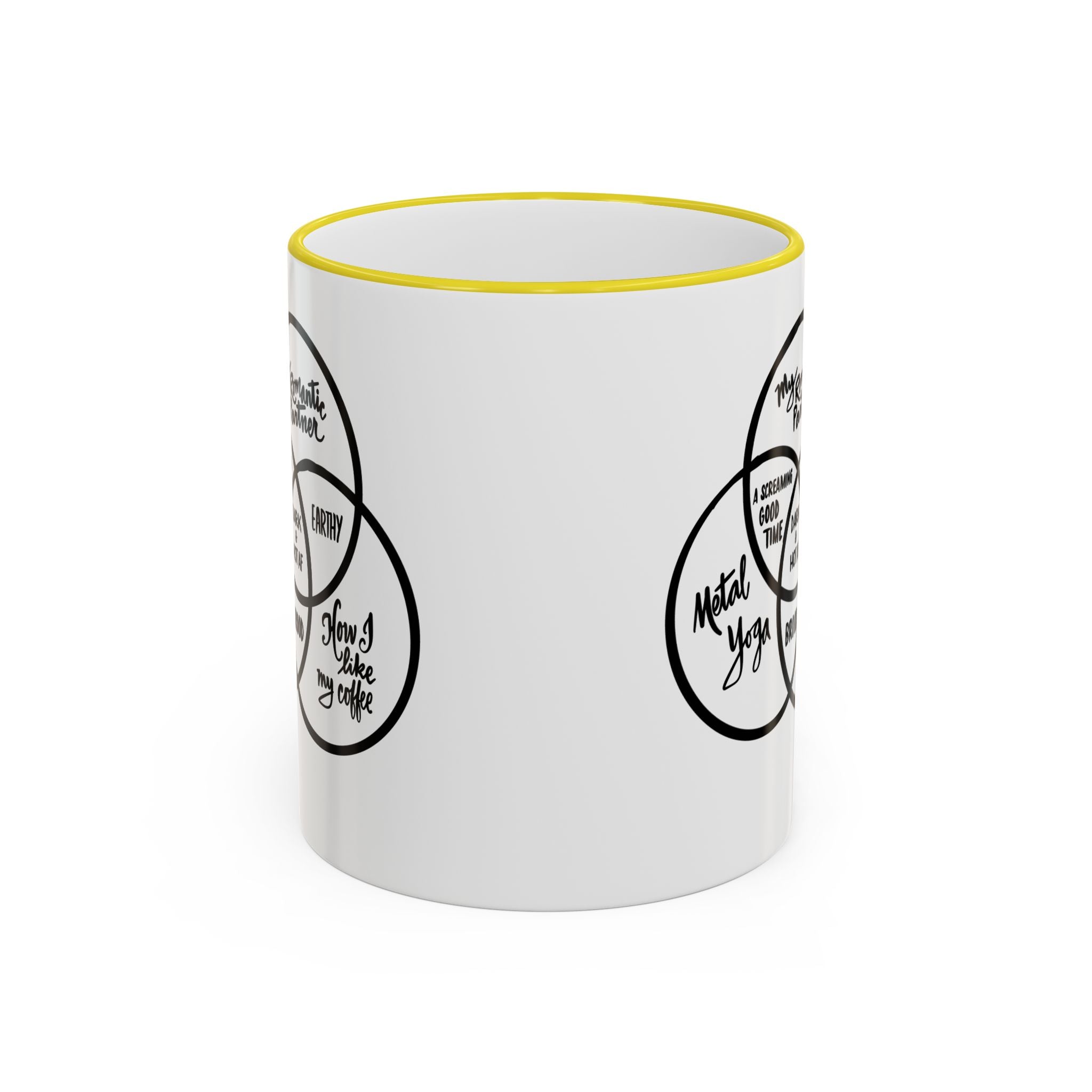 Metal Yoga Venn Diagram Mug — Funny Coffee Lover Accent Rim & Handle Mug (11oz/15oz)