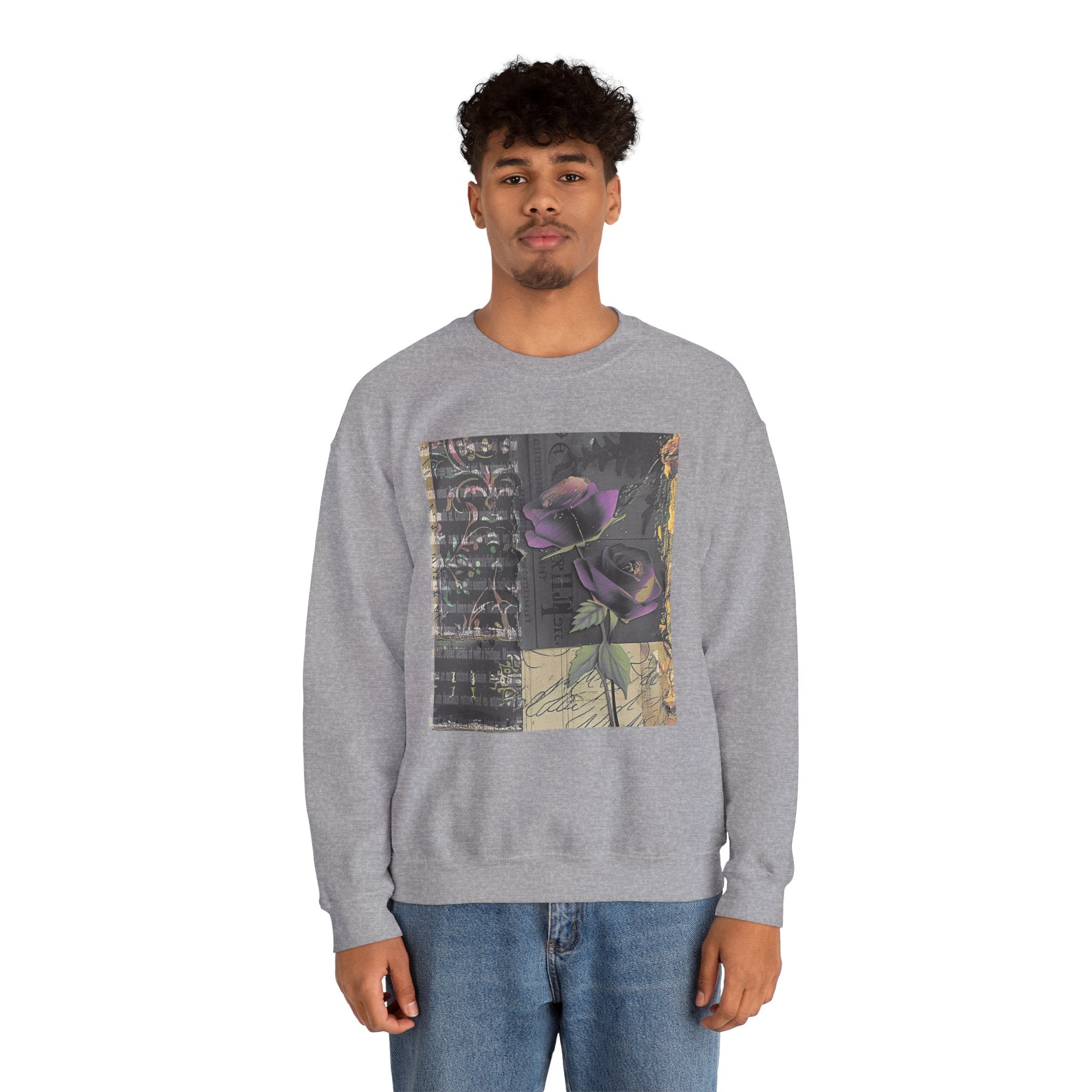 Crewneck Sweatshirt — Vintage Botanical Collage with Purple Roses