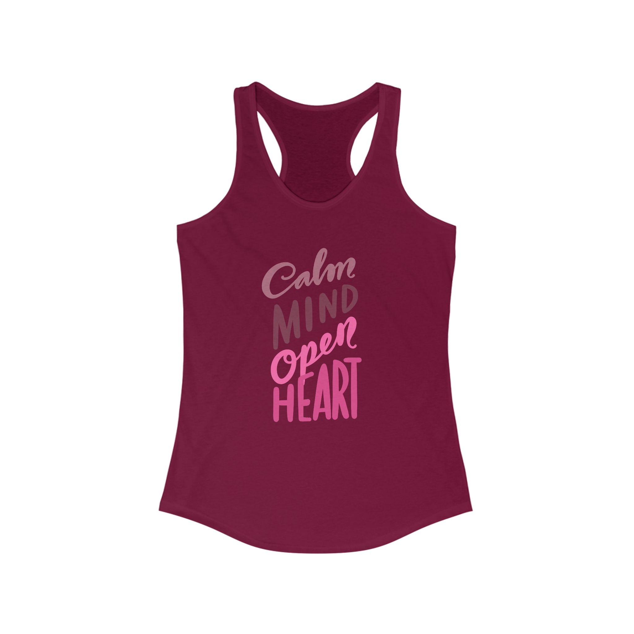 Calm Mind Open Heart Racerback Tank, Inspirational Workout Top, Women's Fitness Apparel, Gift for Yogis, Motivational Exercise Wear