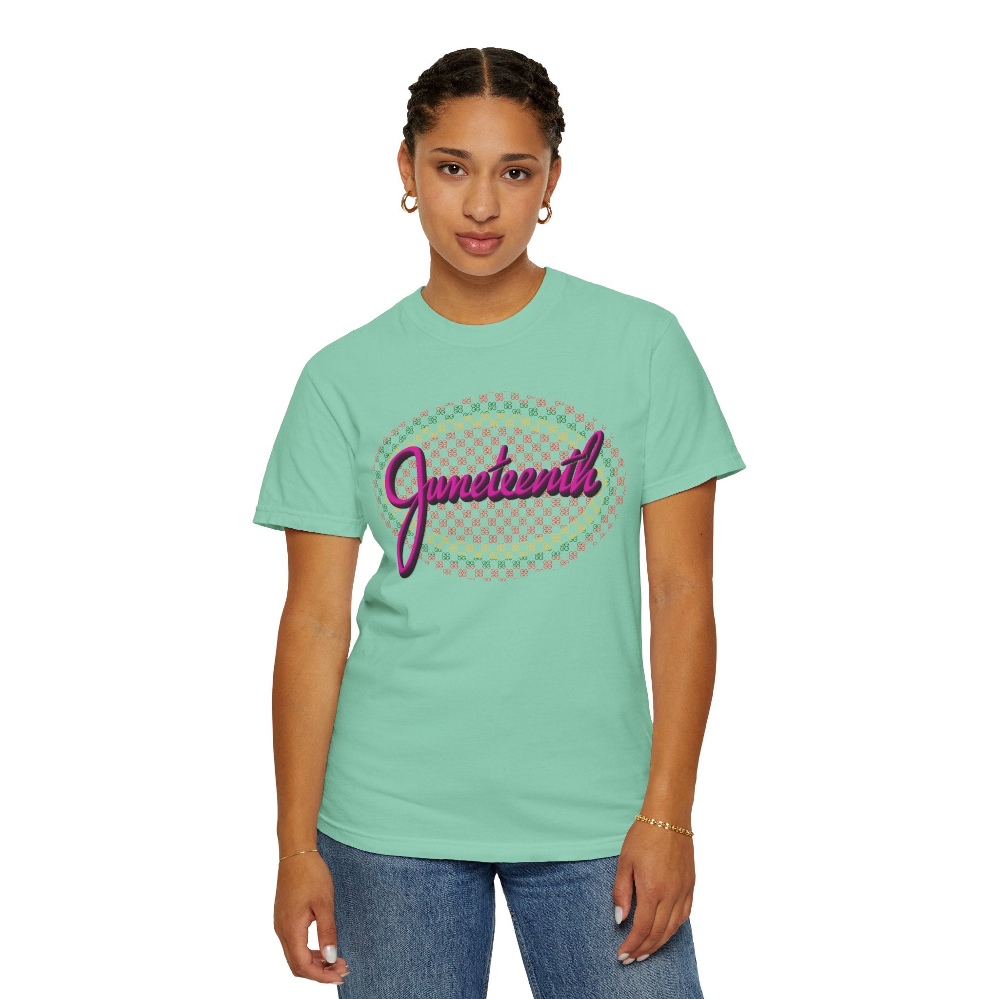 JUNETEENTH WITH PINK SCRIPT Unisex Garment-Dyed T-shirt