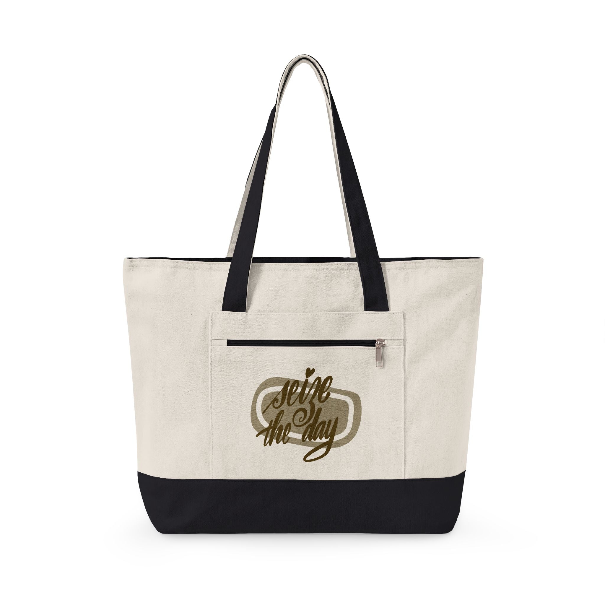 Zippered Canvas Tote – "Seize the Day" Script Tote Bag, Everyday Zip-Top Canvas Shopper