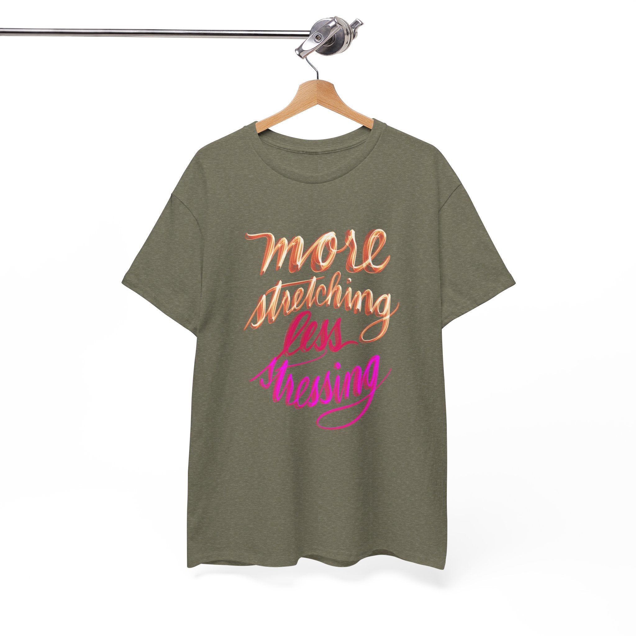 Yoga Tee - More Stretching, Less Stressing - Handwritten Tee Shirt Design by Cecile