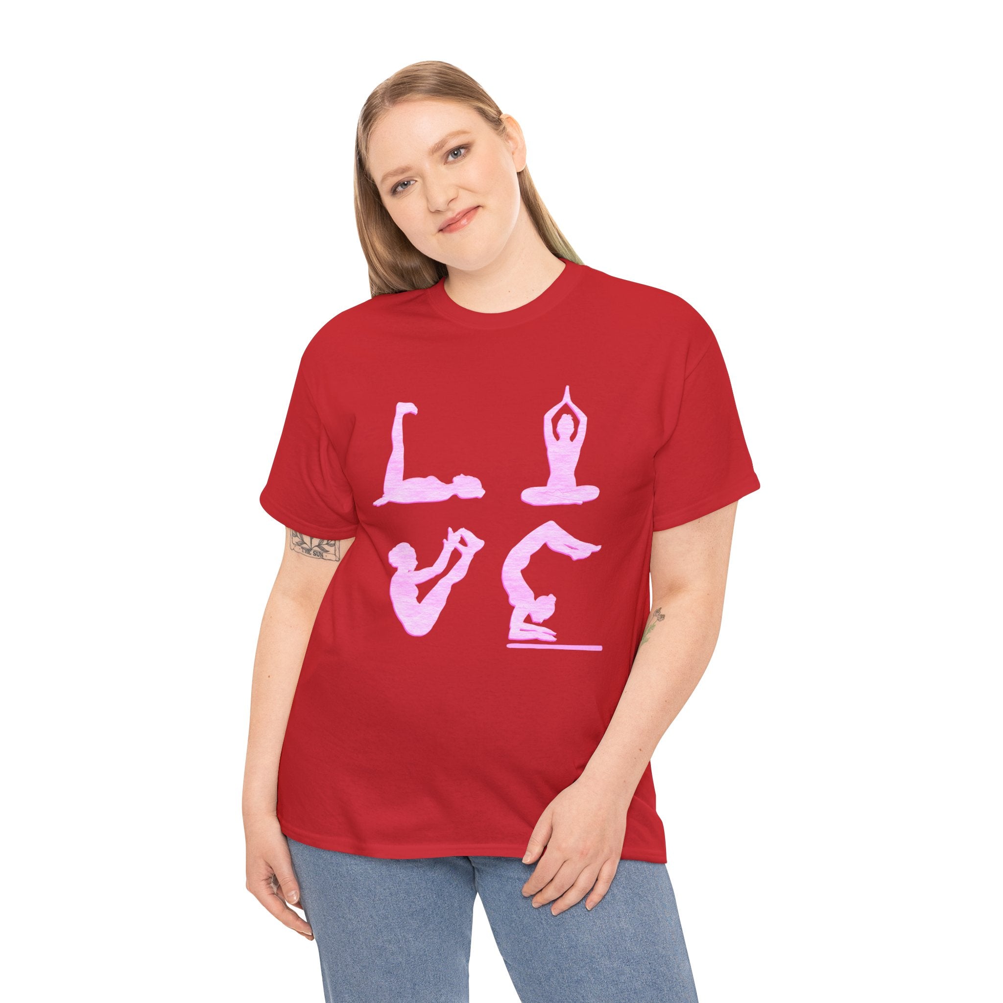 Yoga Love Poses Graphic Tee — Pink Silhouette Yoga Shirt for Women & Men