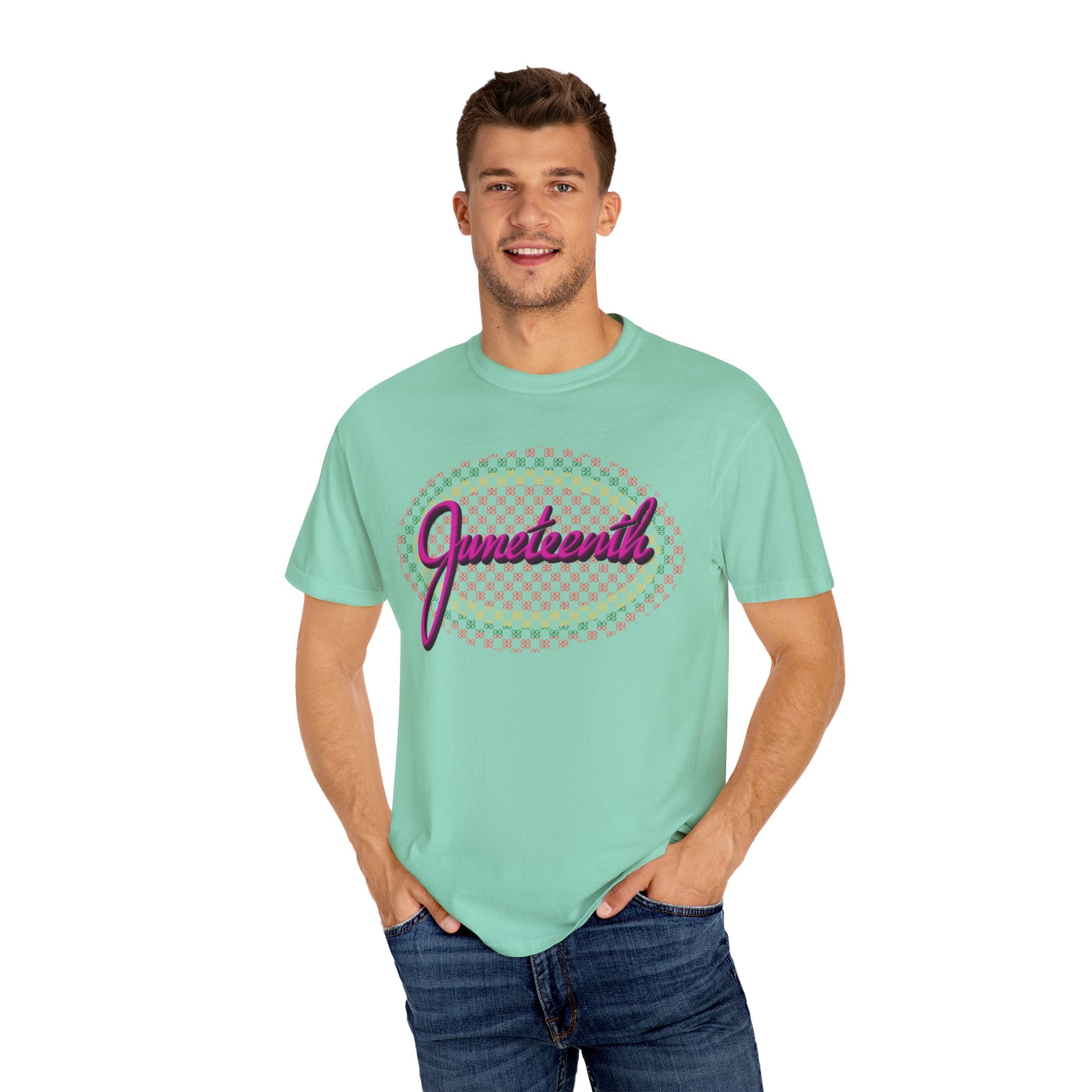 JUNETEENTH WITH PINK SCRIPT Unisex Garment-Dyed T-shirt