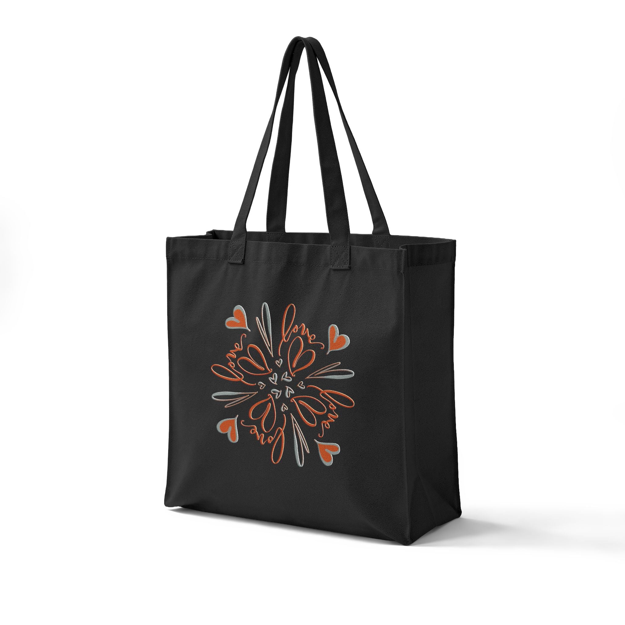Canvas Tote Bag — Calligraphy Love and Heart Mandala Grocery Tote