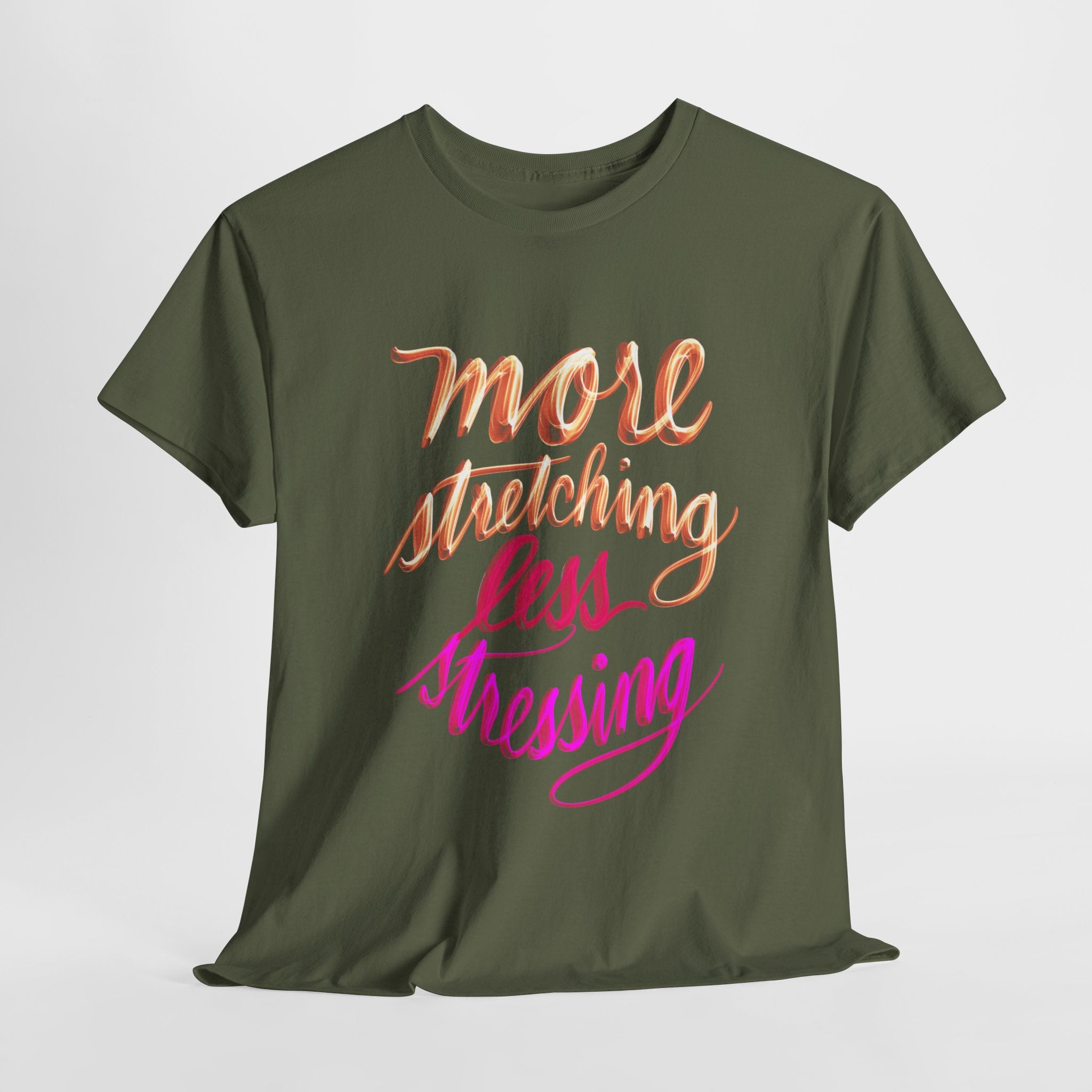 Yoga Tee - More Stretching, Less Stressing - Handwritten Tee Shirt Design by Cecile