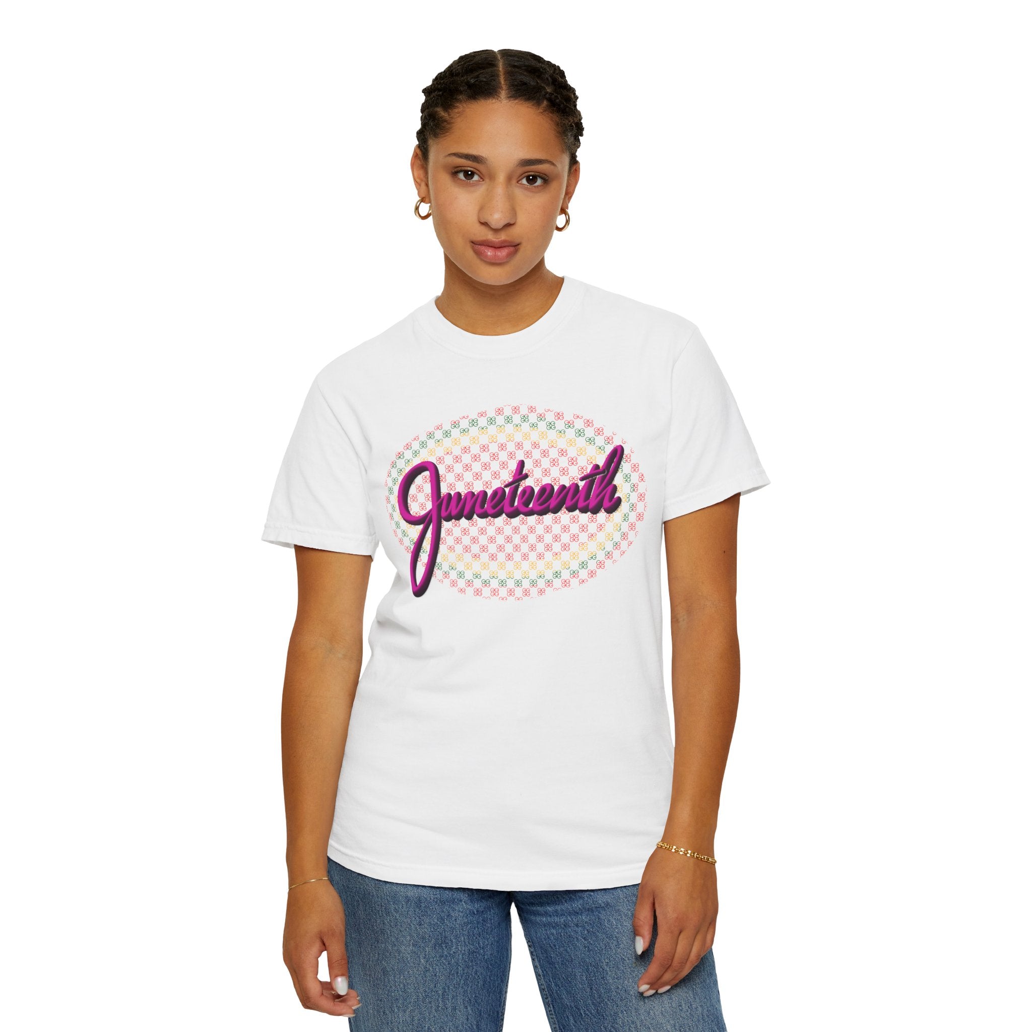 JUNETEENTH WITH PINK SCRIPT Unisex Garment-Dyed T-shirt