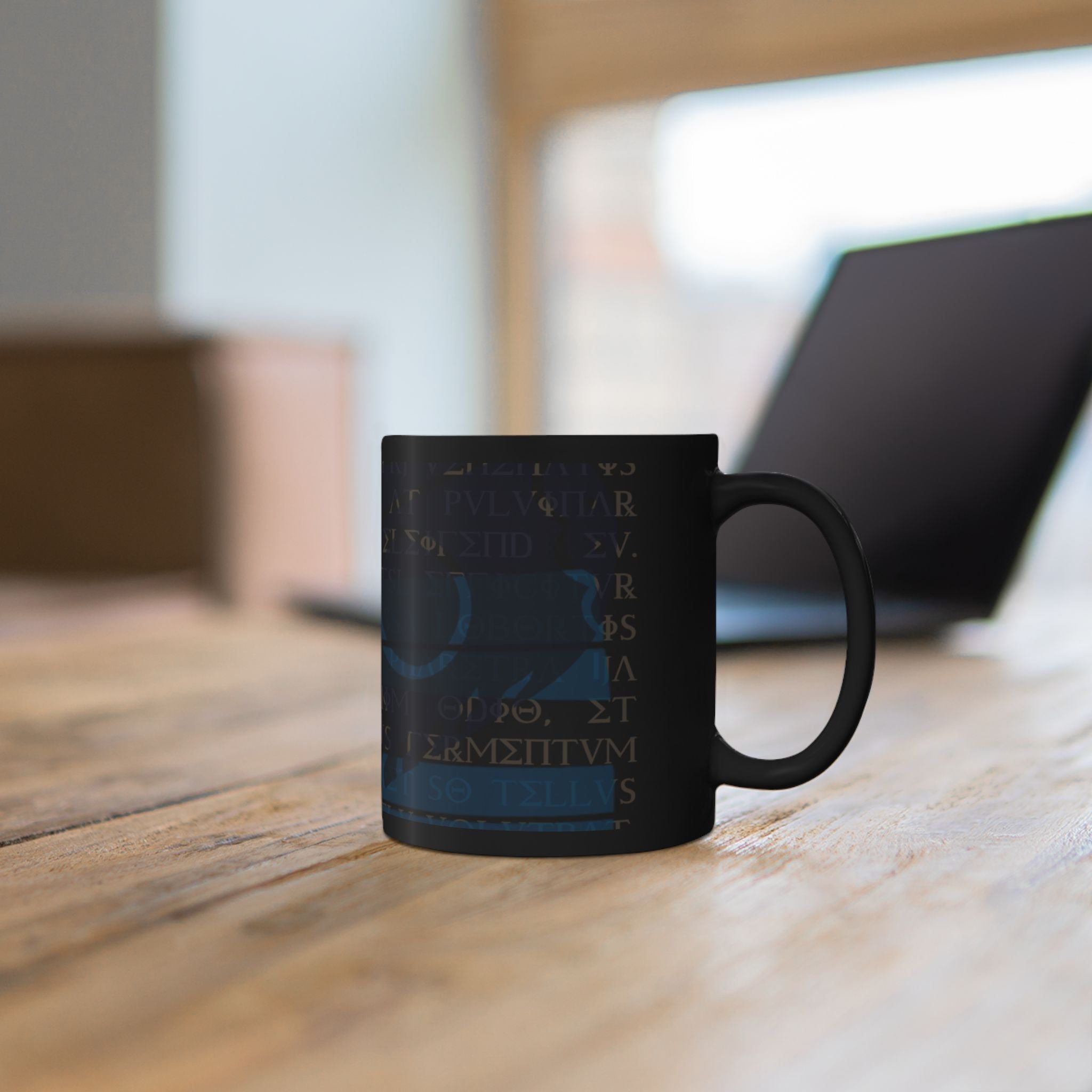 Mystic Rune Black Mug — Blue Glyphs & Ancient Script Coffee Cup (11oz)