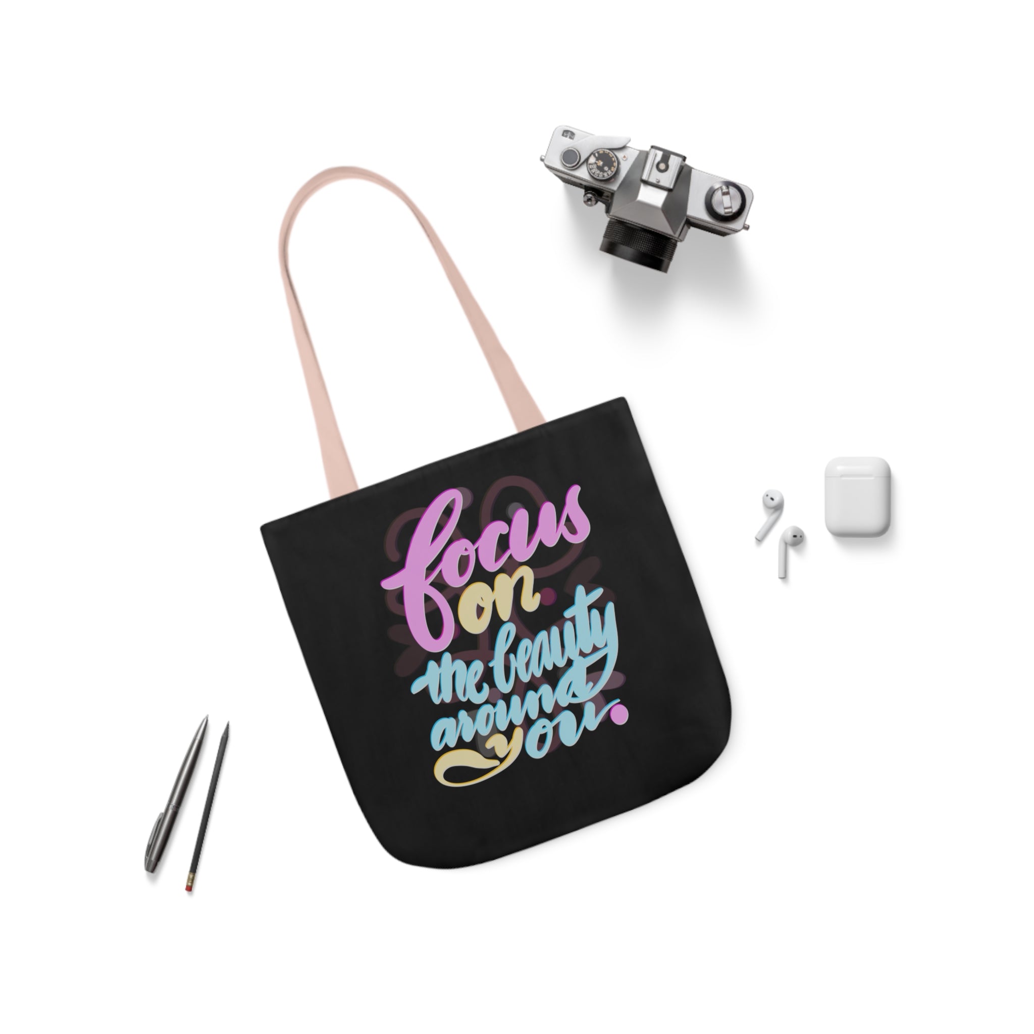 FOCUS ON THE BEAUTY Canvas Tote Bag, 5-Color Straps