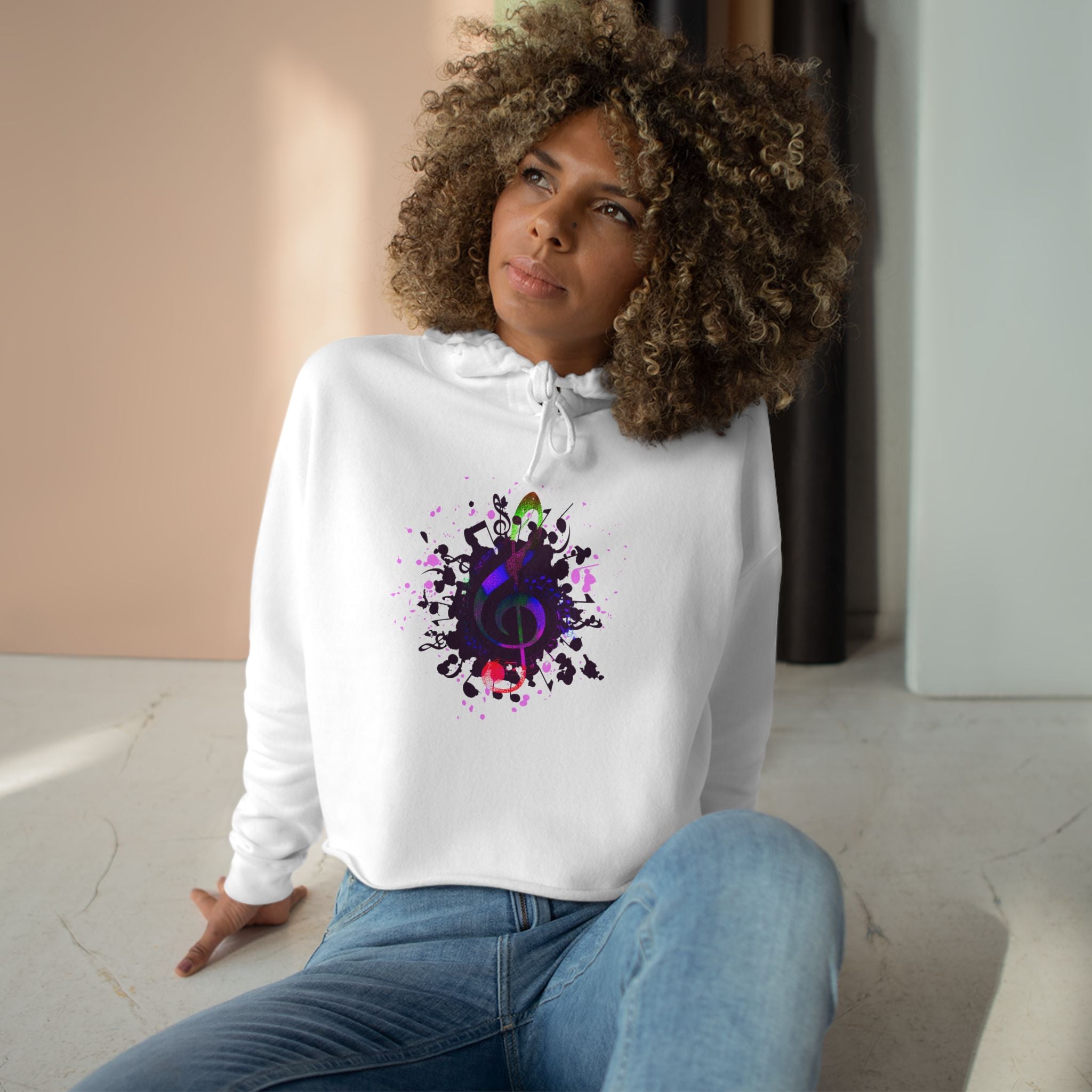 Musical Vibes Crop Hoodie - Colorful Treble Clef Design