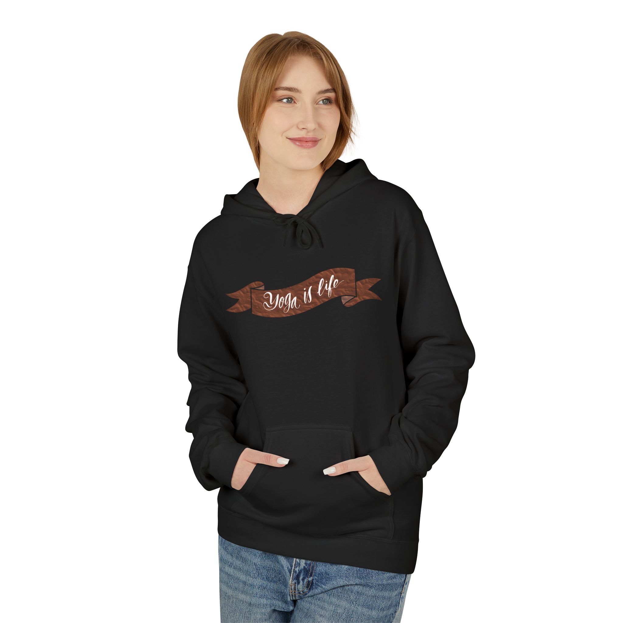 Cozy 'Yoga is Life' Script Hoodie — Rustic Brown Fleece Pullover