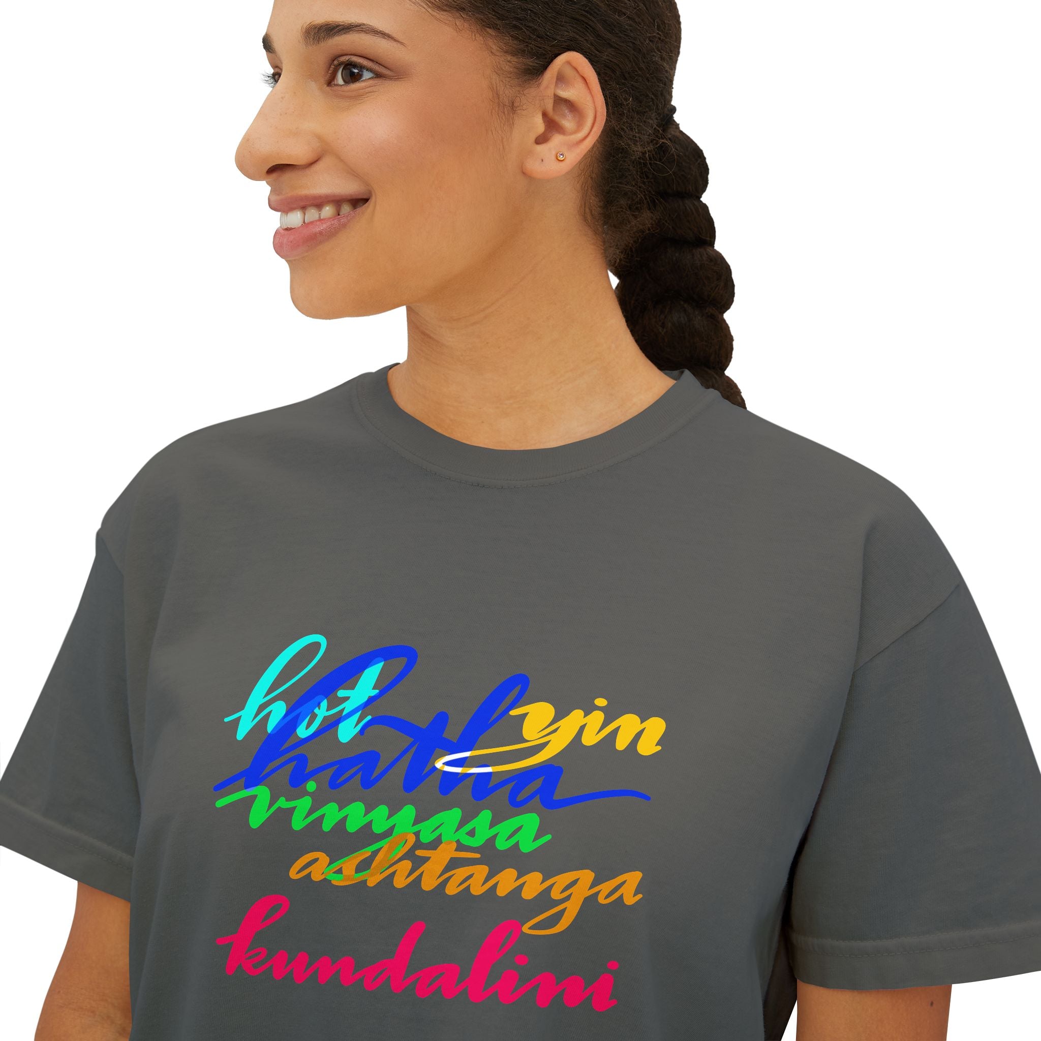 Yoga Boxy Tee for Women - Relaxed Fit Calligraphy Shirt