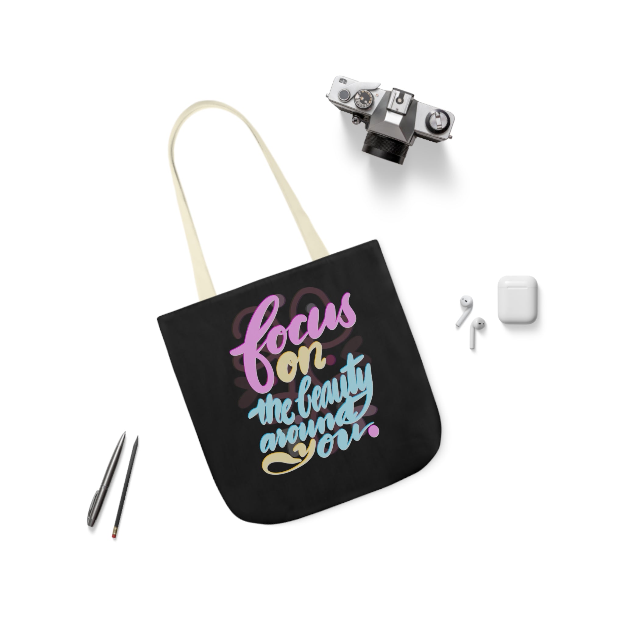 FOCUS ON THE BEAUTY Canvas Tote Bag, 5-Color Straps