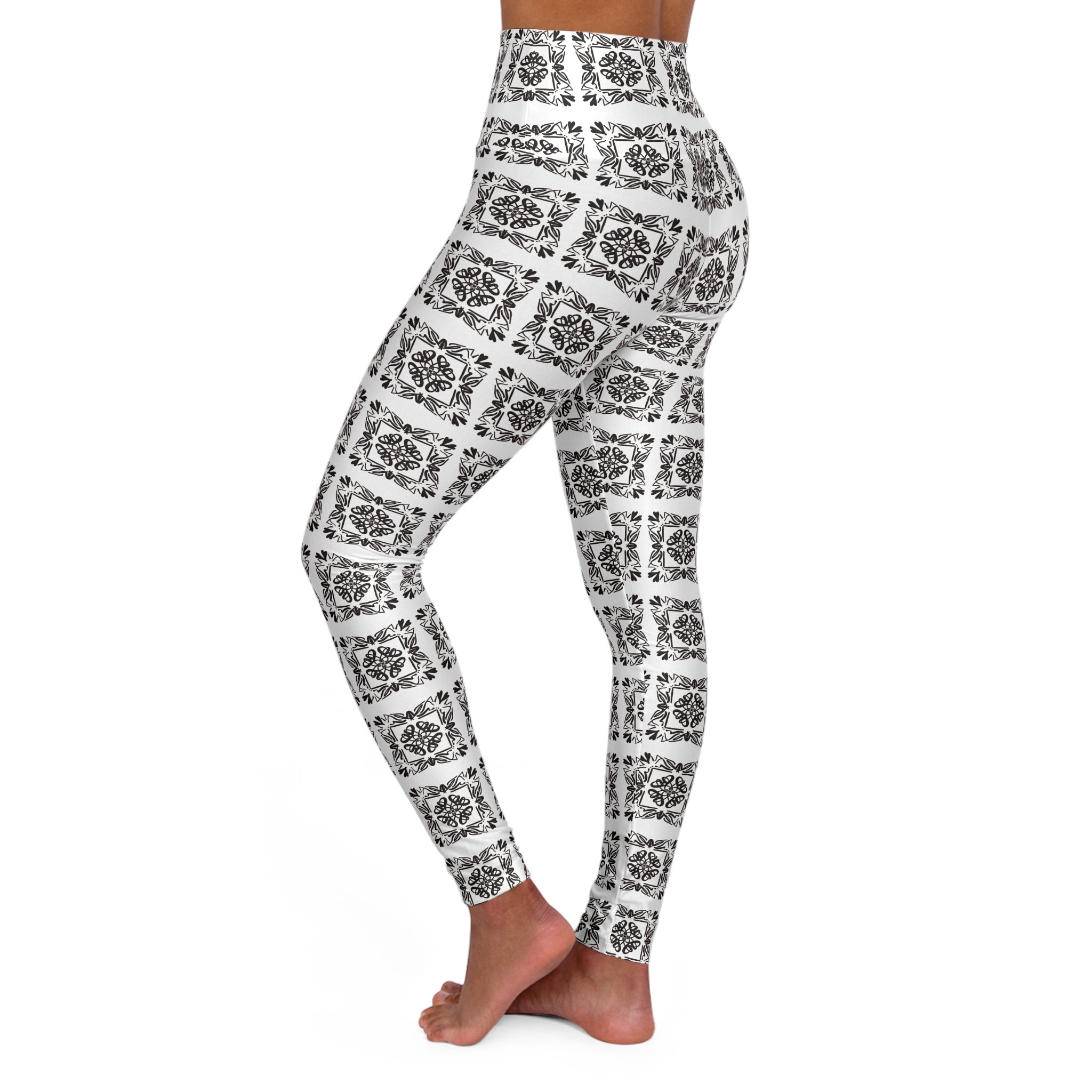 Bohemian Floral High Waisted Yoga Leggings - hand-drawn pattern
