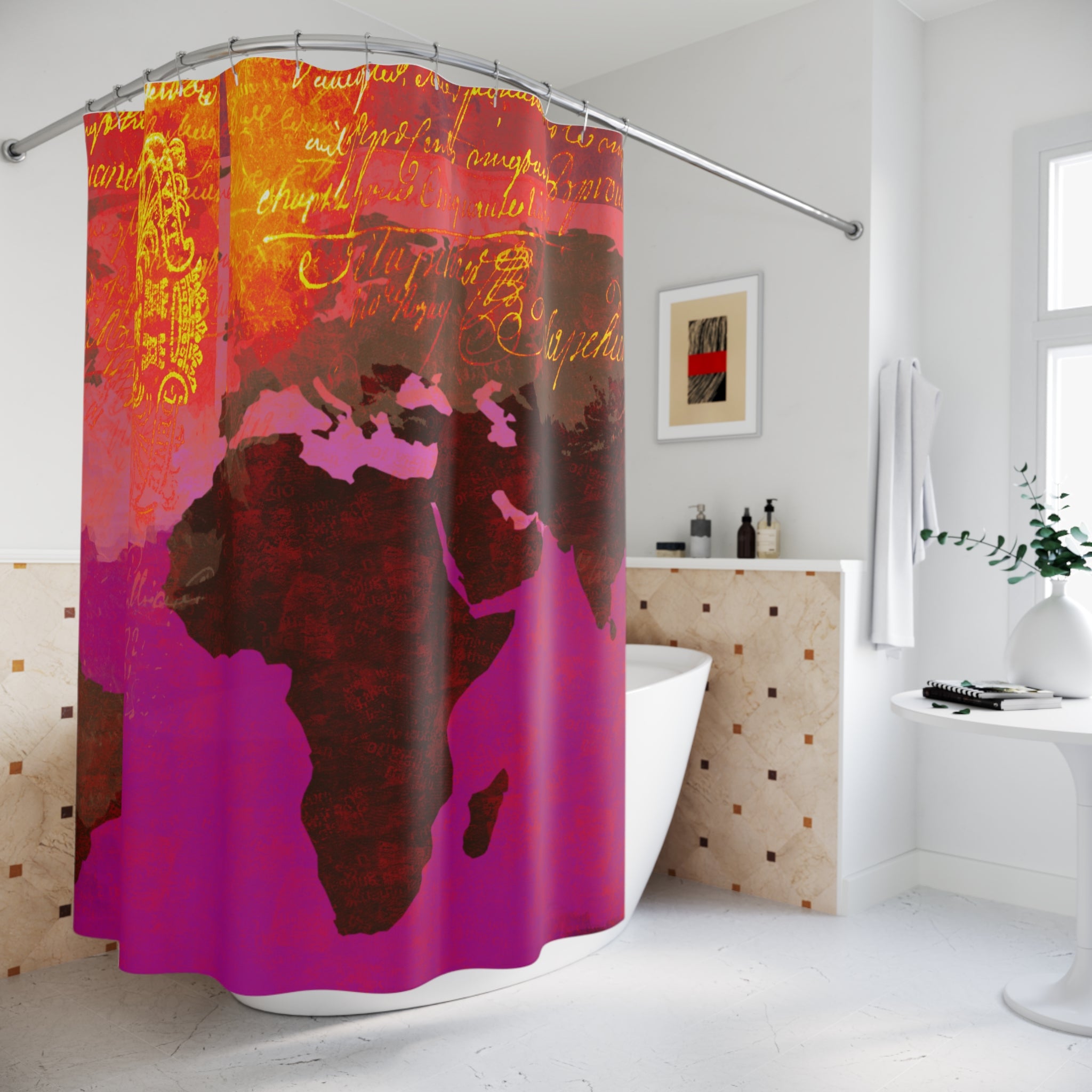 World Map Artistic Shower Curtain - Vibrant Red and Gold Design
