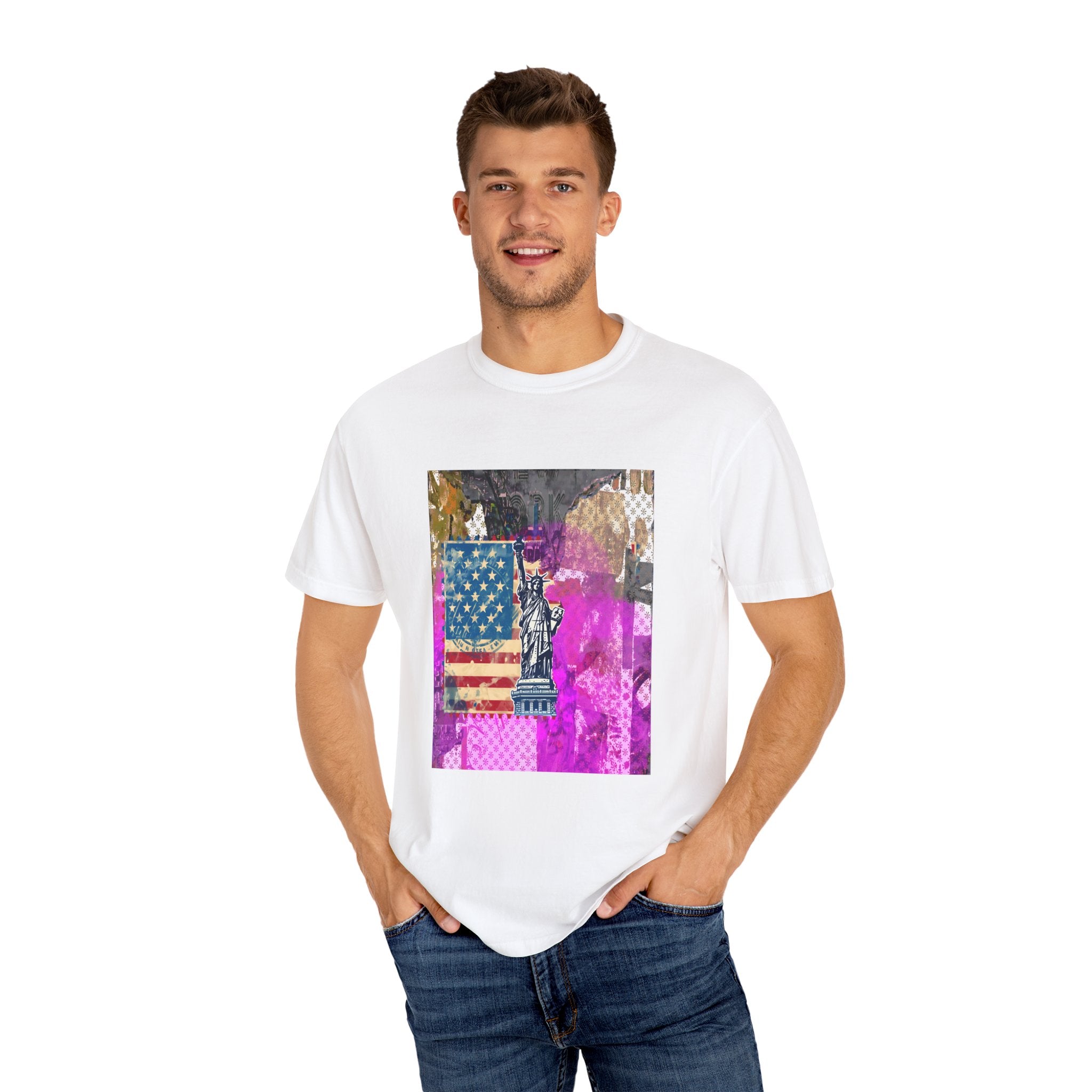Unisex Garment-Dyed T-Shirt with Vintage Statue of Liberty Design