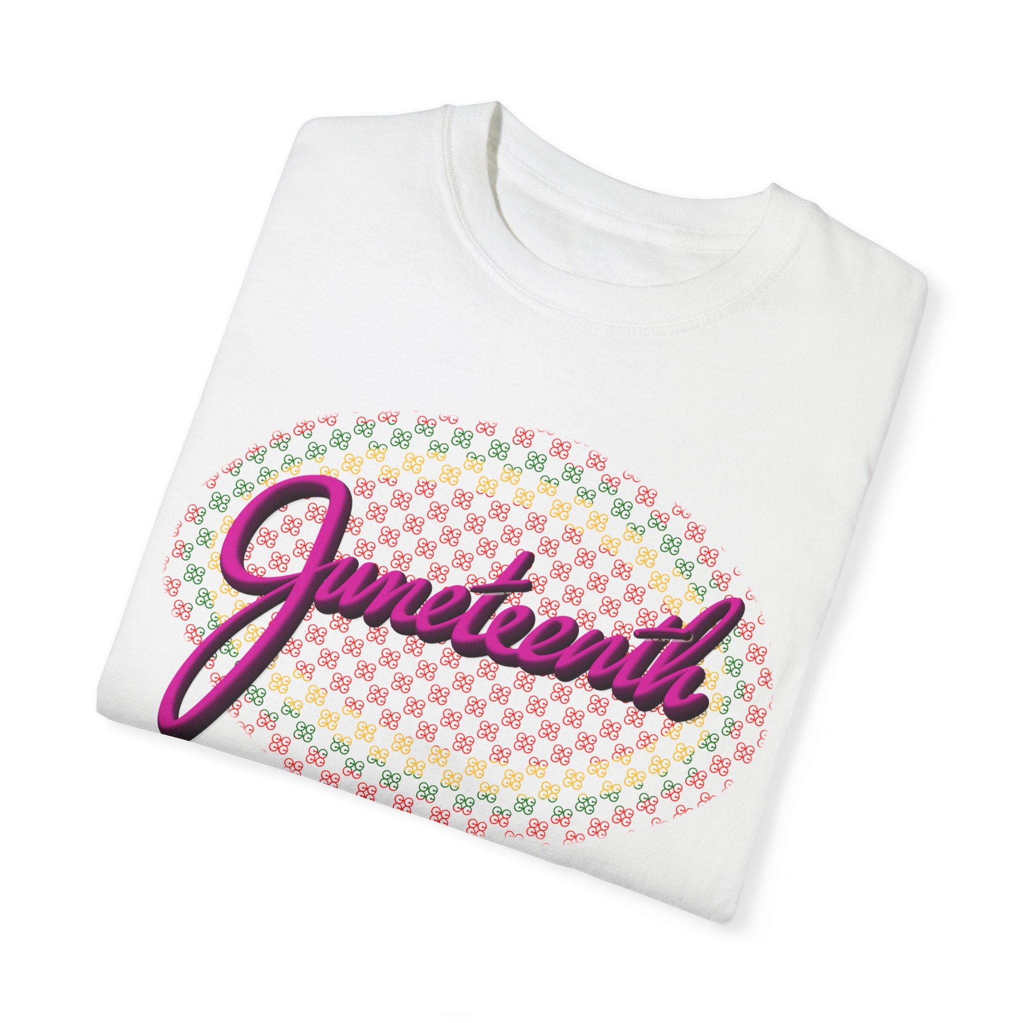 JUNETEENTH WITH PINK SCRIPT Unisex Garment-Dyed T-shirt