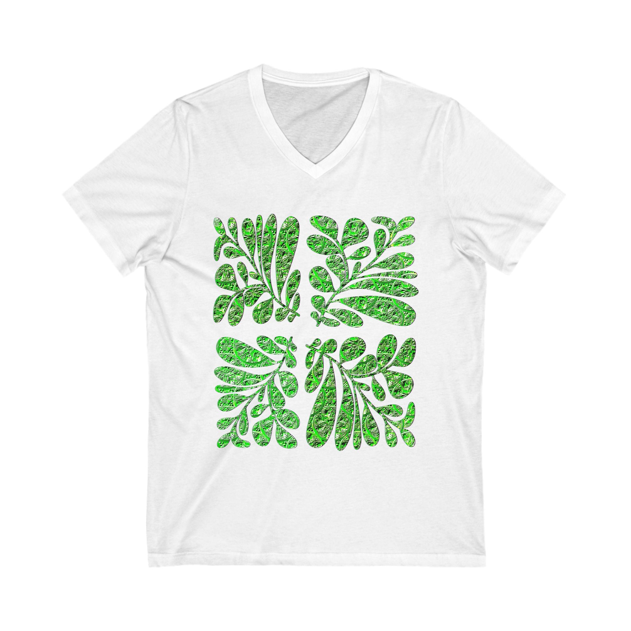 Tropical Green Leaves V-Neck Tee - Unisex Short Sleeve Shirt for Nature Lovers