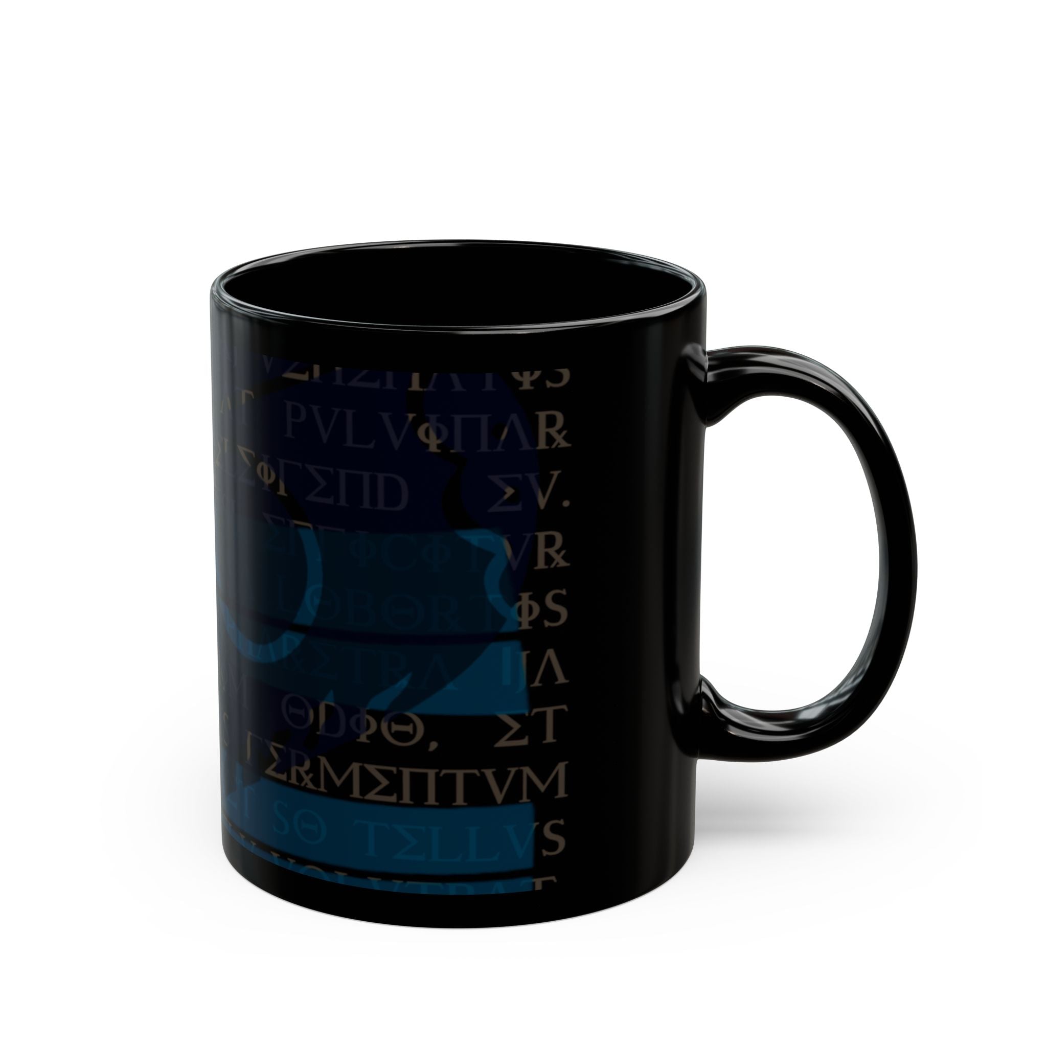 Mystic Rune Black Mug — Blue Glyphs & Ancient Script Coffee Cup (11oz)