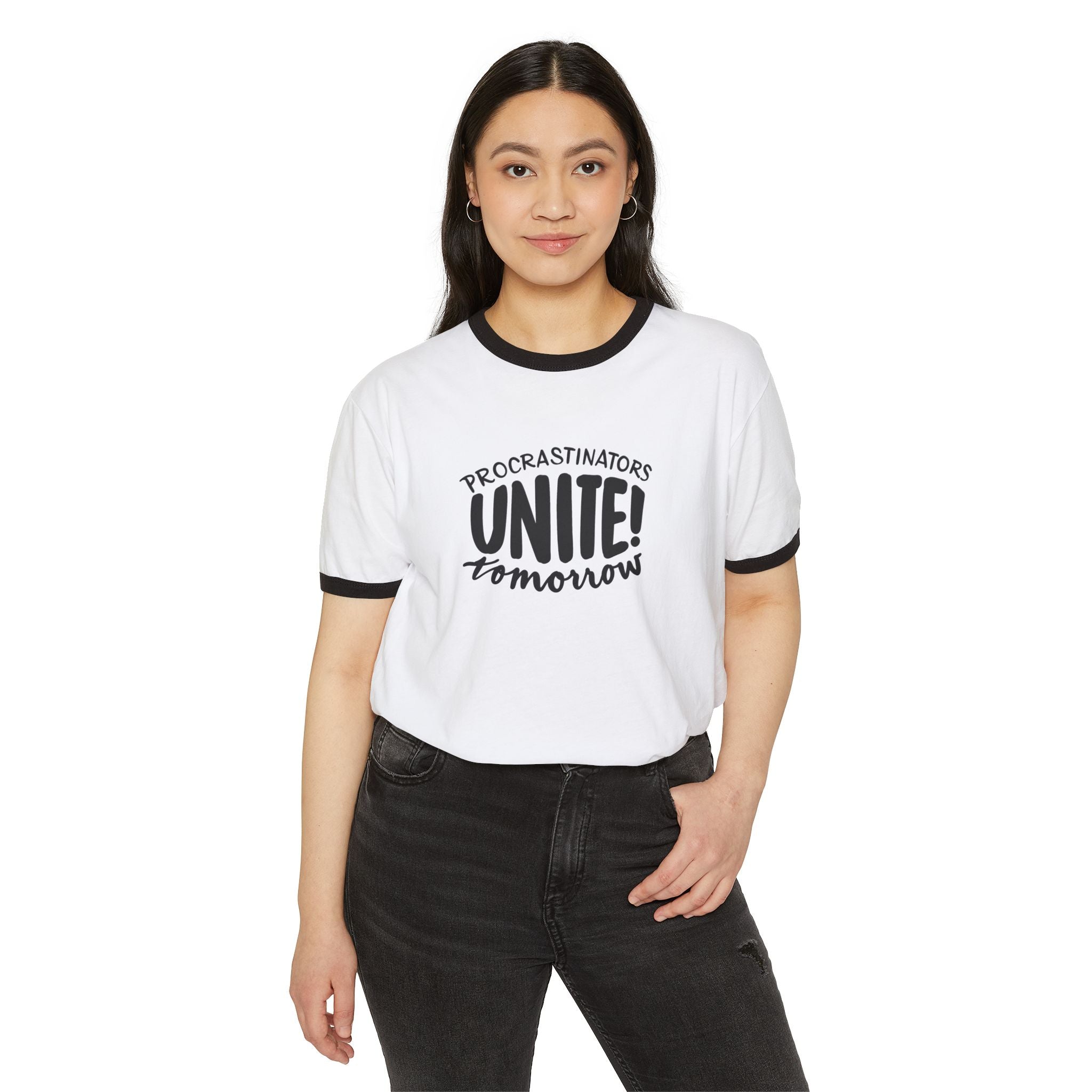 Procrastinators Unite Tomorrow Ringer T-Shirt, Funny Cotton Tee, Gift for Students, Casual Wear, Quirky Humor Shirt, Relaxed Fit Tee