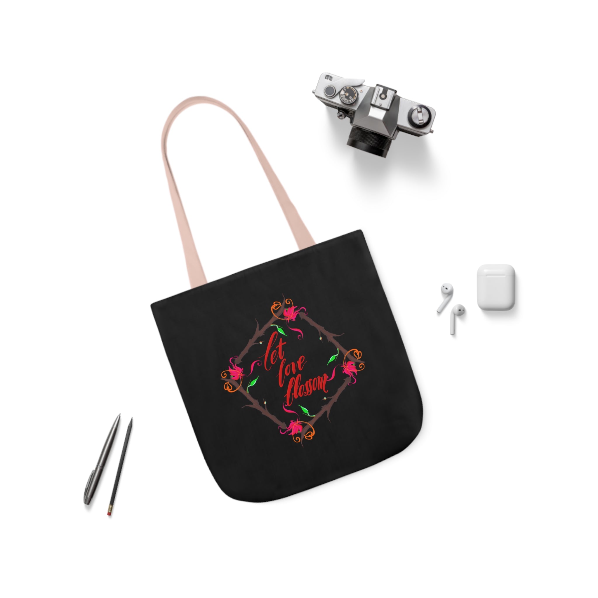 LET LOVE BLOSSOM Canvas Tote Bag, 5-Color Straps